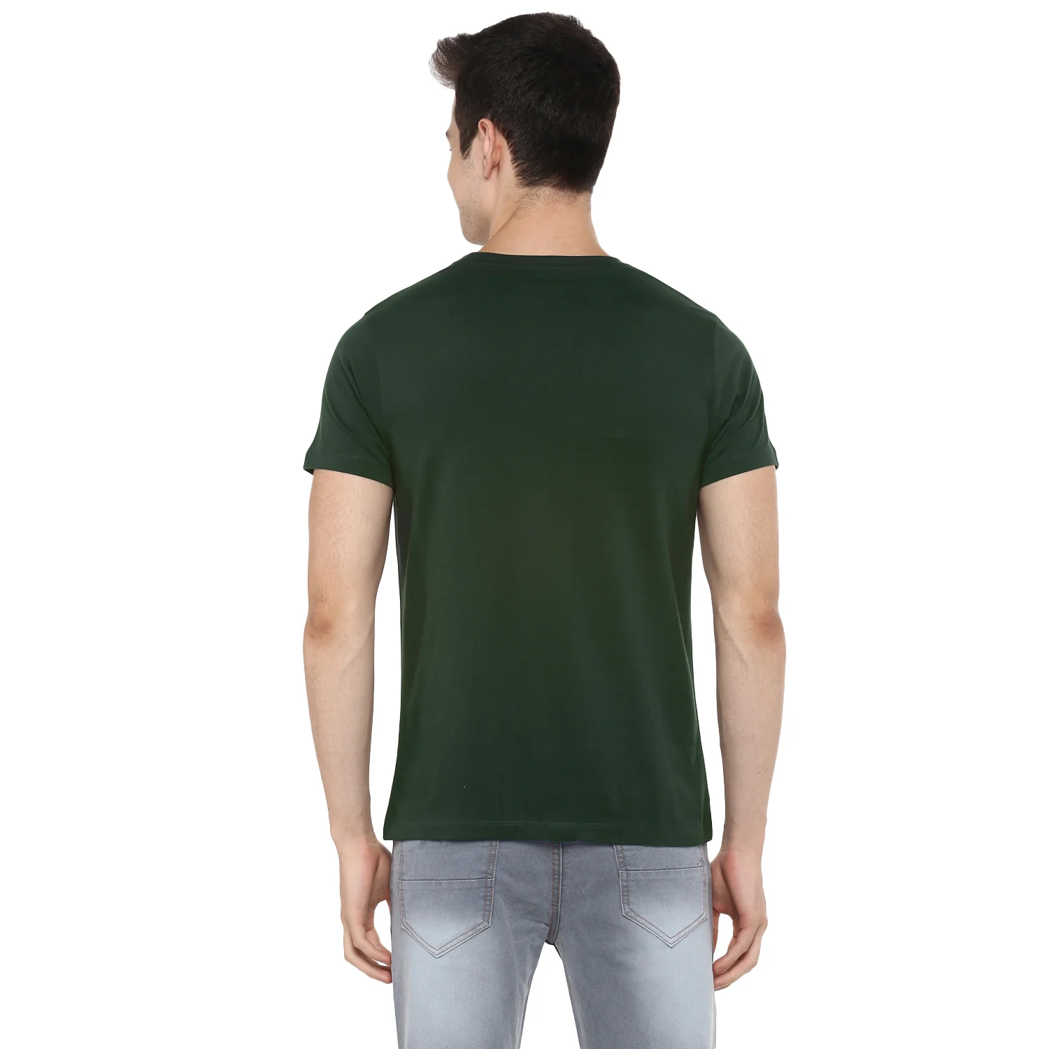 Men's Dark Green Solid Slim Fit Round Neck Cotton T-Shirt - Image 3