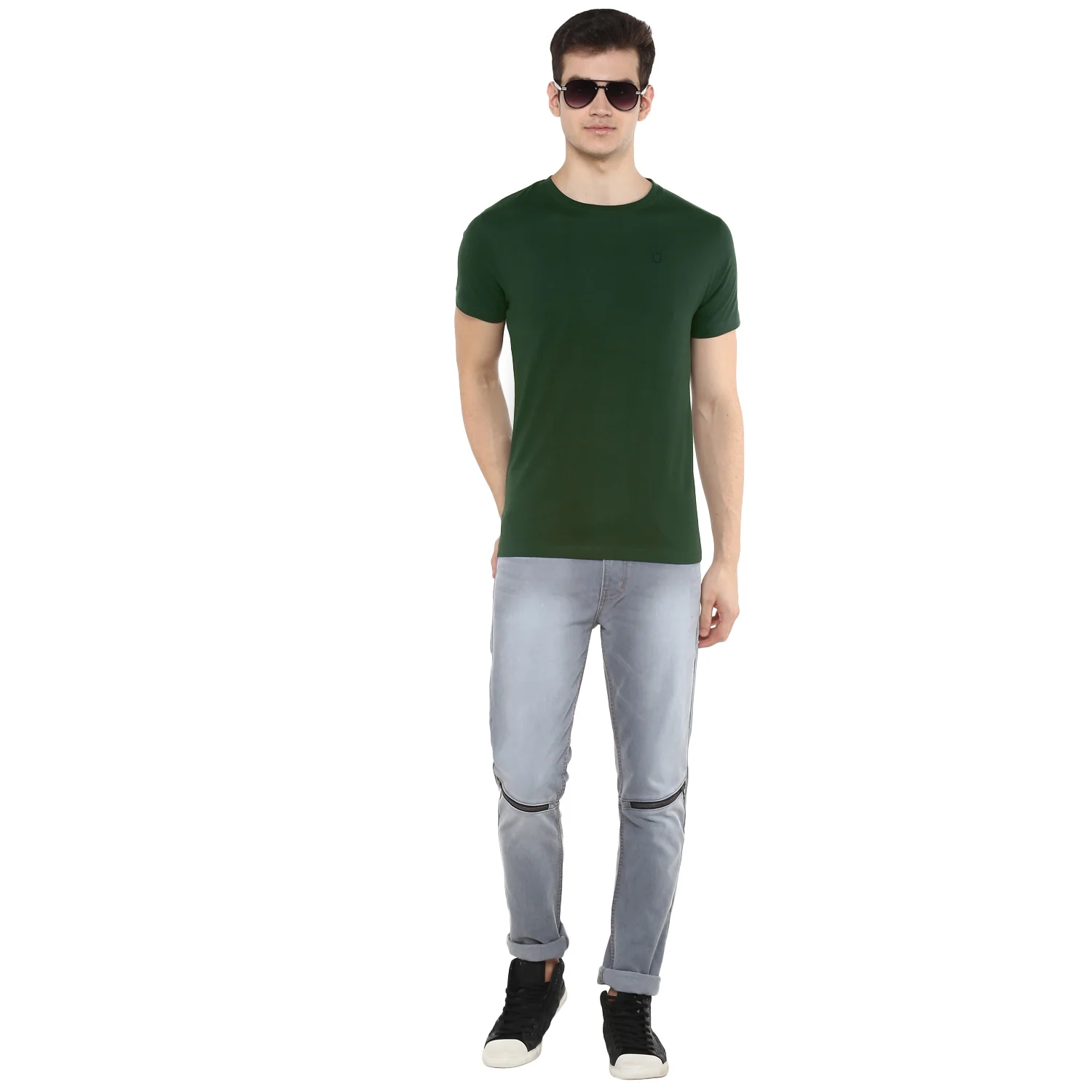 Men's Dark Green Solid Slim Fit Round Neck Cotton T-Shirt - Image 4