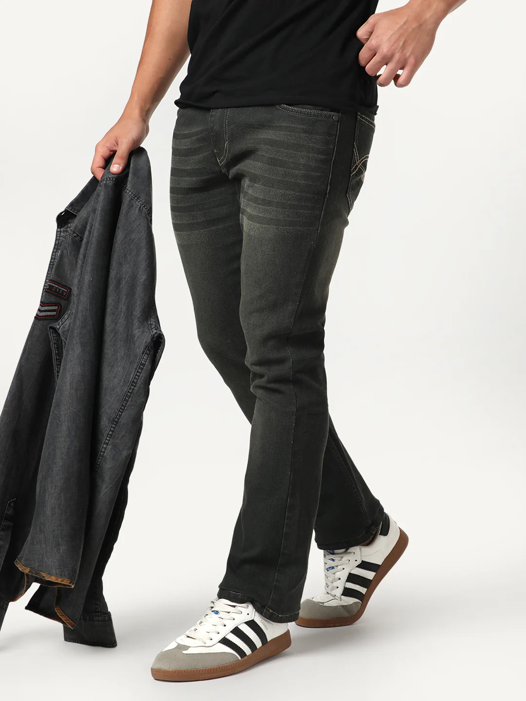 Men's Dark Grey Bootcut Fit Mid Rise Heavy Washed Jeans Stretchable - Image 2
