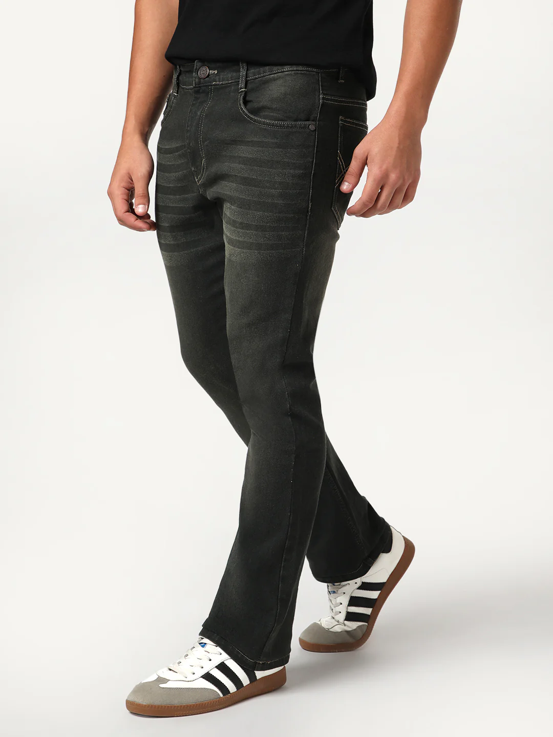 Men's Dark Grey Bootcut Fit Mid Rise Heavy Washed Jeans Stretchable - Image 3
