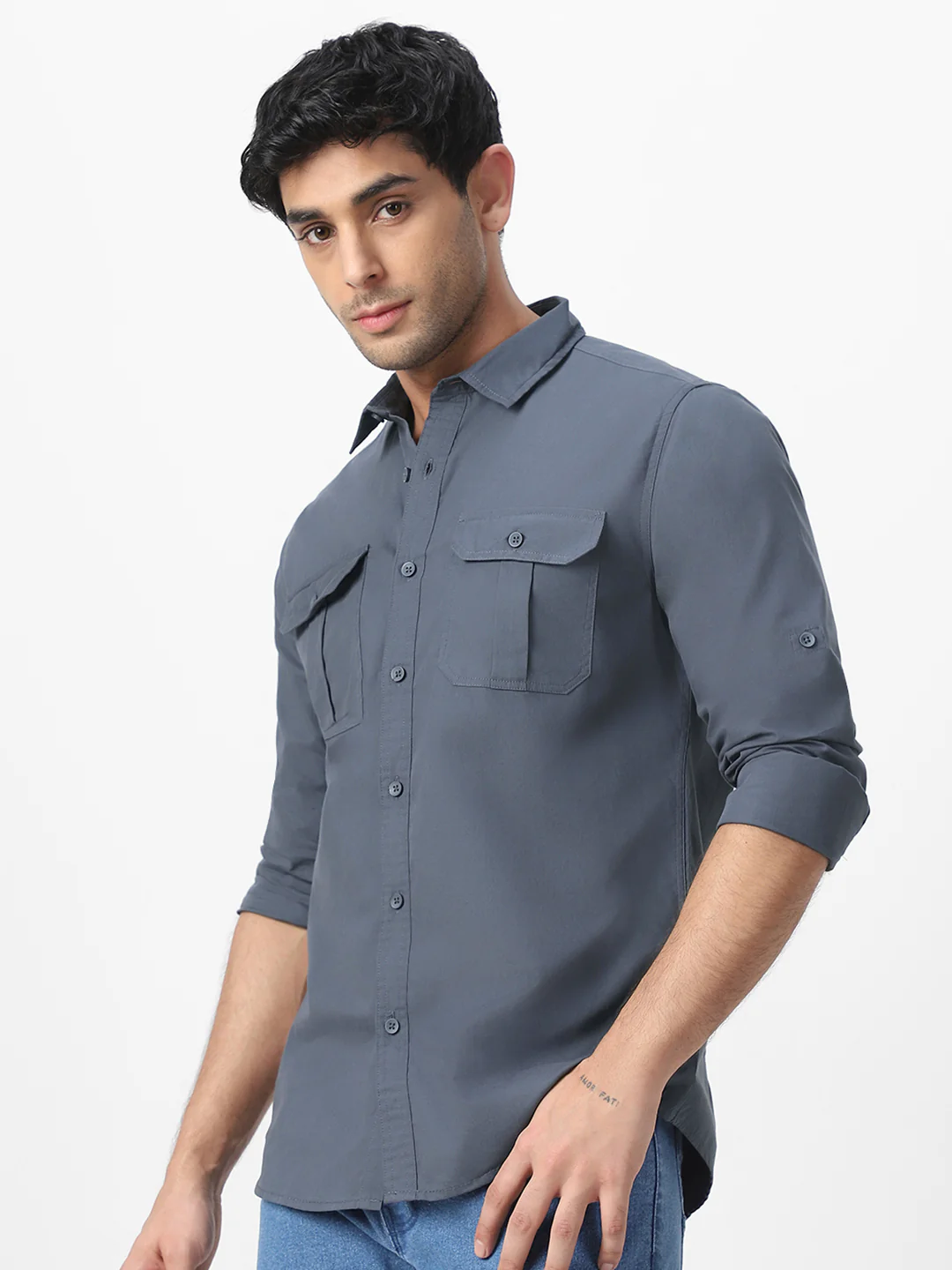 Men's Dark Grey Cotton Full Sleeve Regular Fit Casual Solid Shirt - Image 3