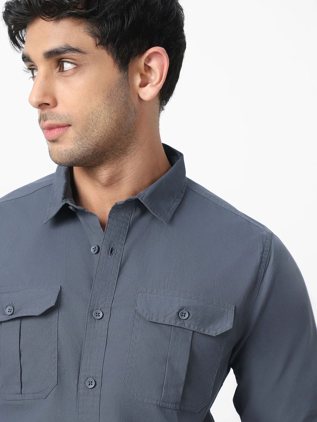 Men's Dark Grey Cotton Full Sleeve Regular Fit Casual Solid Shirt - Image 5
