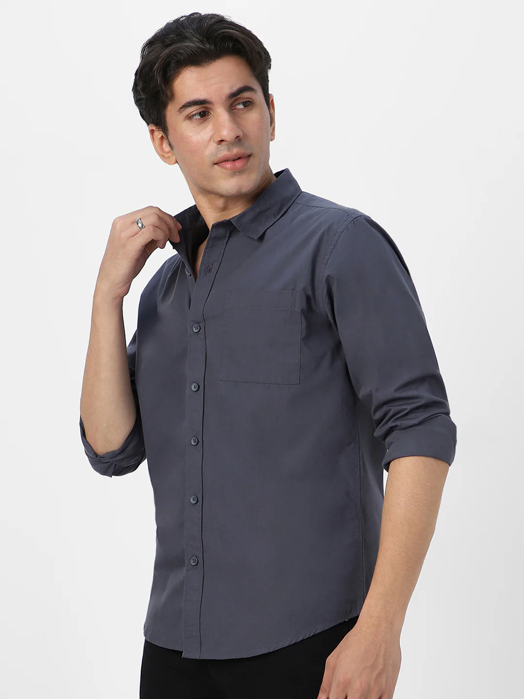 Men's Dark Grey Cotton Full Sleeve Regular Fit Casual Solid Shirt - Image 3