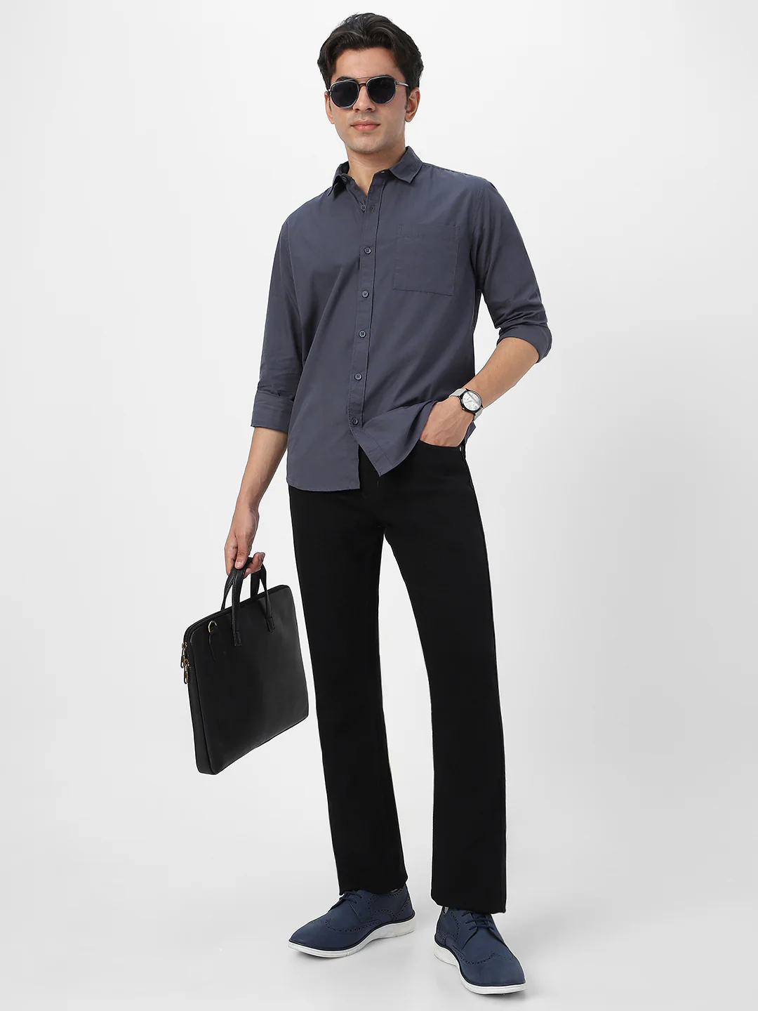 Men's Dark Grey Cotton Full Sleeve Regular Fit Casual Solid Shirt - Image 5