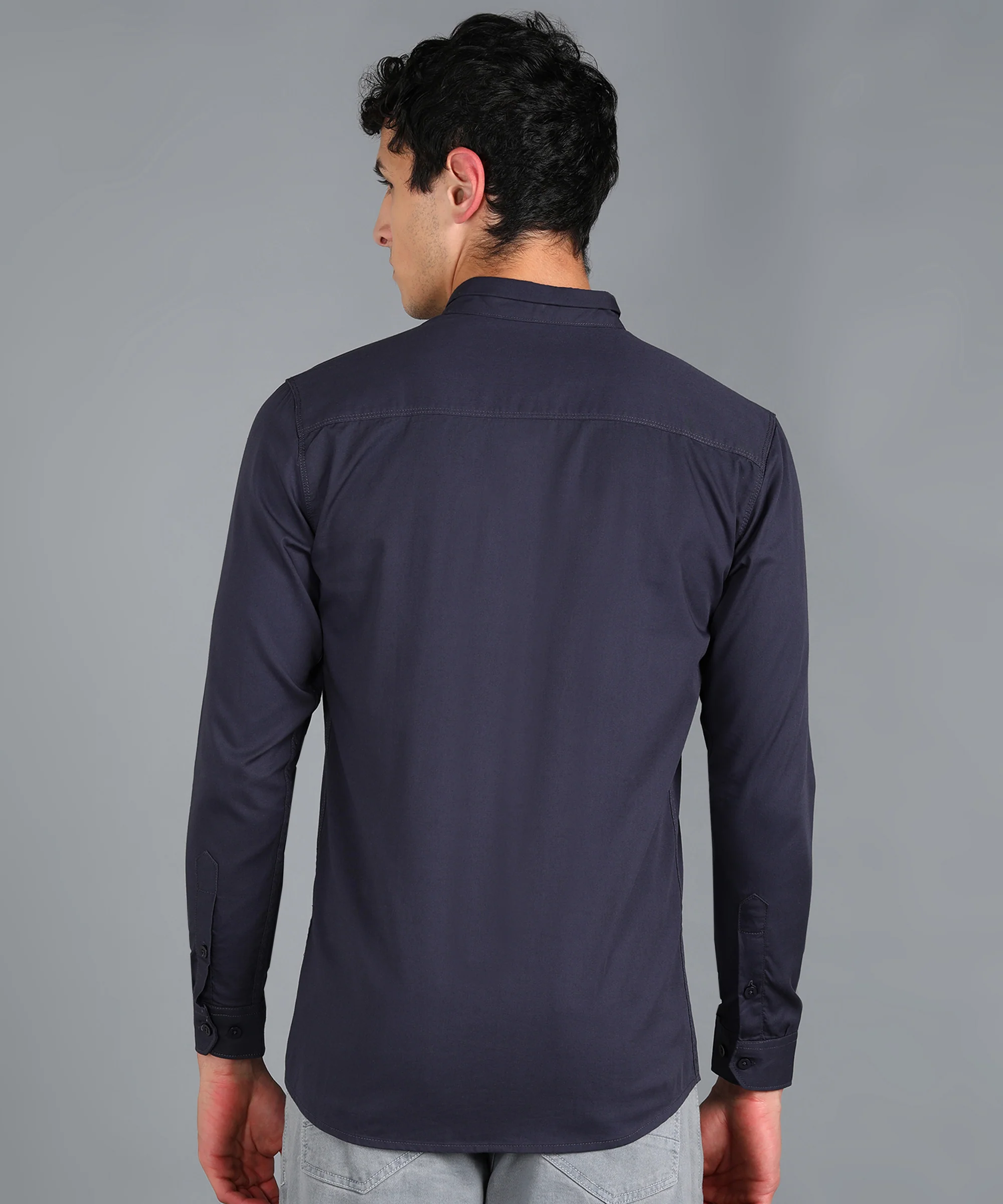 Men's Dark Grey Cotton Full Sleeve Slim Fit Solid Shirt with Mandarin Collar - Image 3