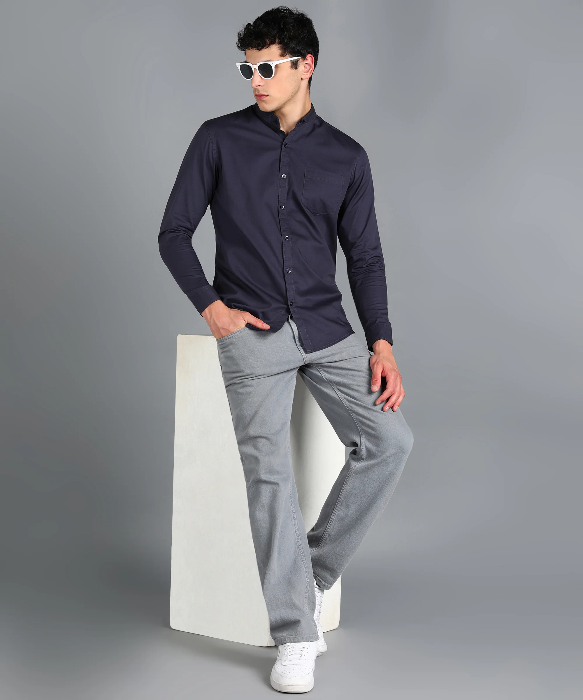 Men's Dark Grey Cotton Full Sleeve Slim Fit Solid Shirt with Mandarin Collar - Image 4