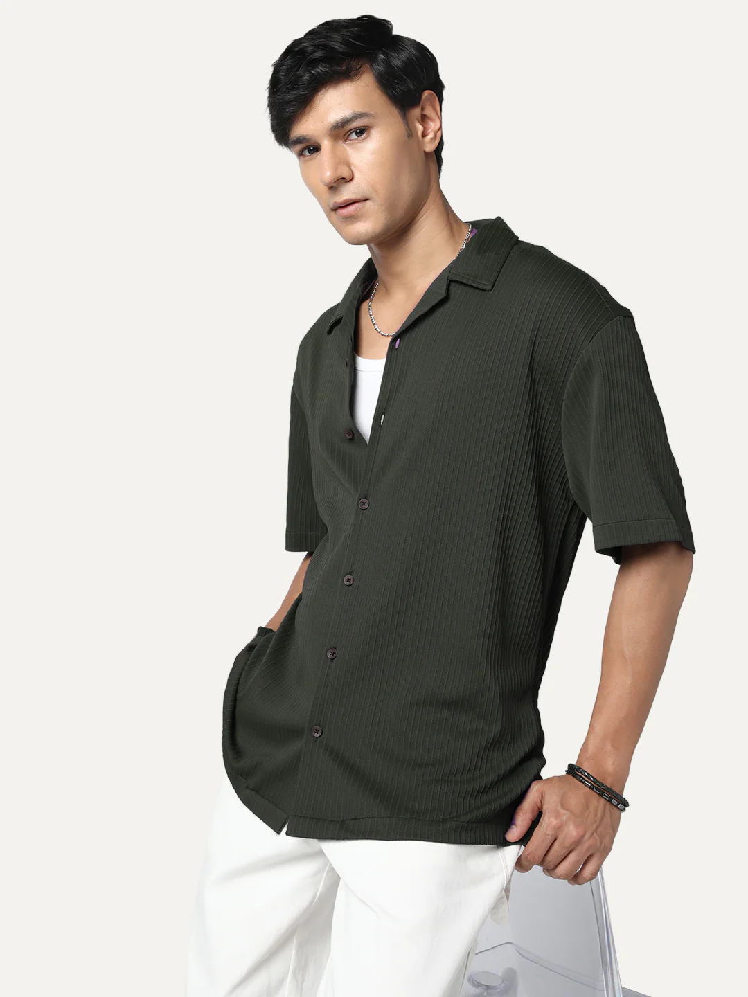 Men's Dark Grey Cotton Half Sleeve Oversized Fit Textured Shirt with Cuban Collar