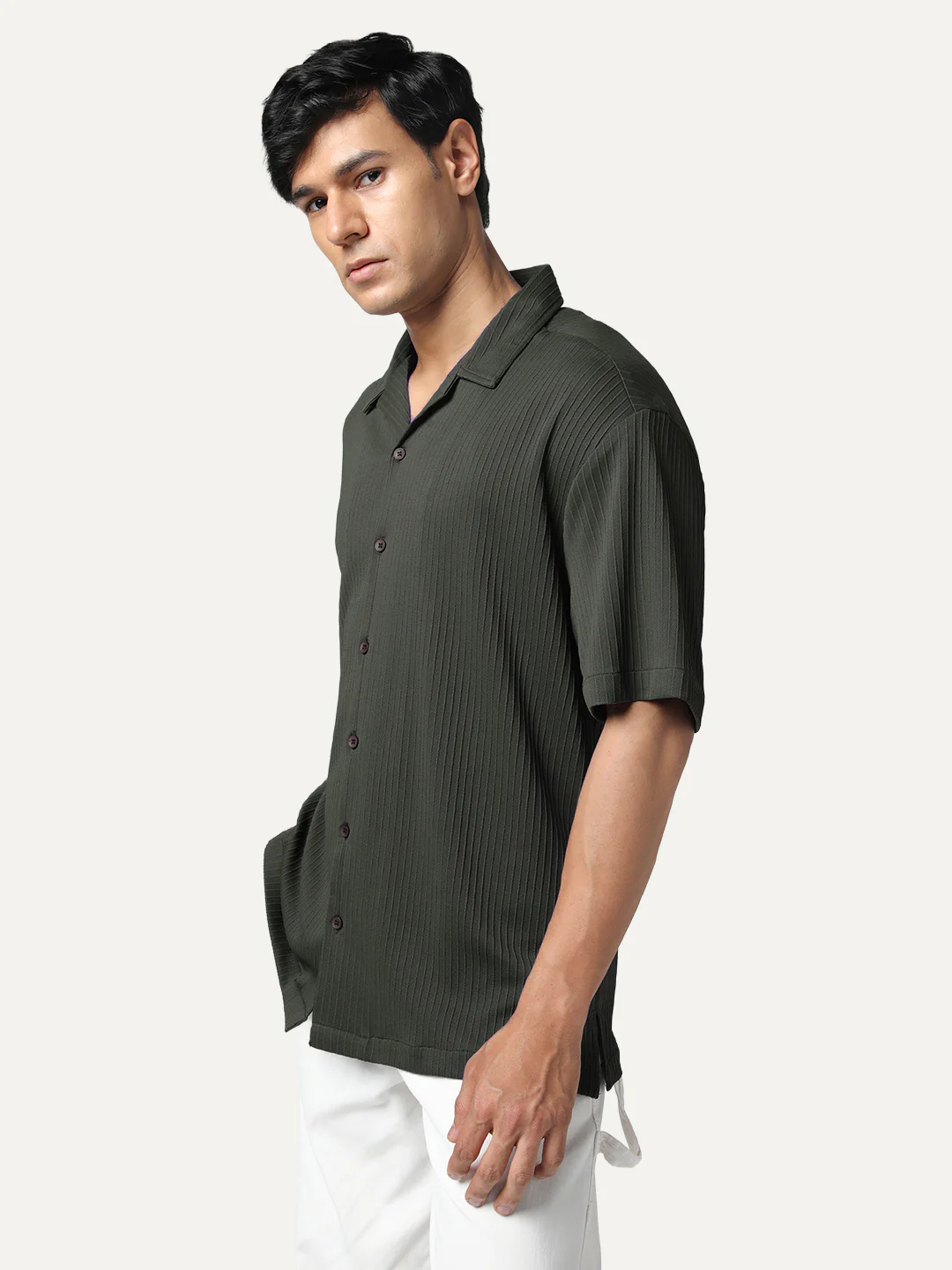 Men's Dark Grey Cotton Half Sleeve Oversized Fit Textured Shirt with Cuban Collar - Image 2