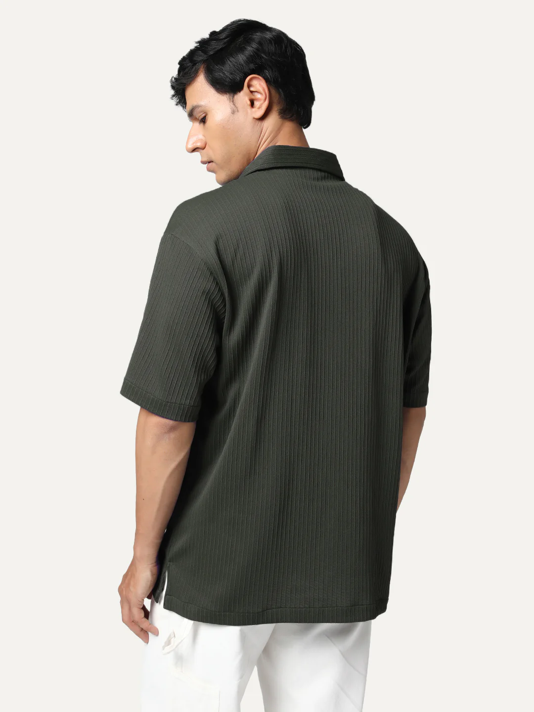 Men's Dark Grey Cotton Half Sleeve Oversized Fit Textured Shirt with Cuban Collar - Image 3