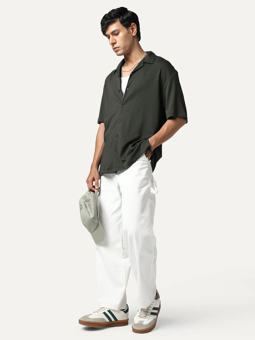 Men's Dark Grey Cotton Half Sleeve Oversized Fit Textured Shirt with Cuban Collar - Image 4