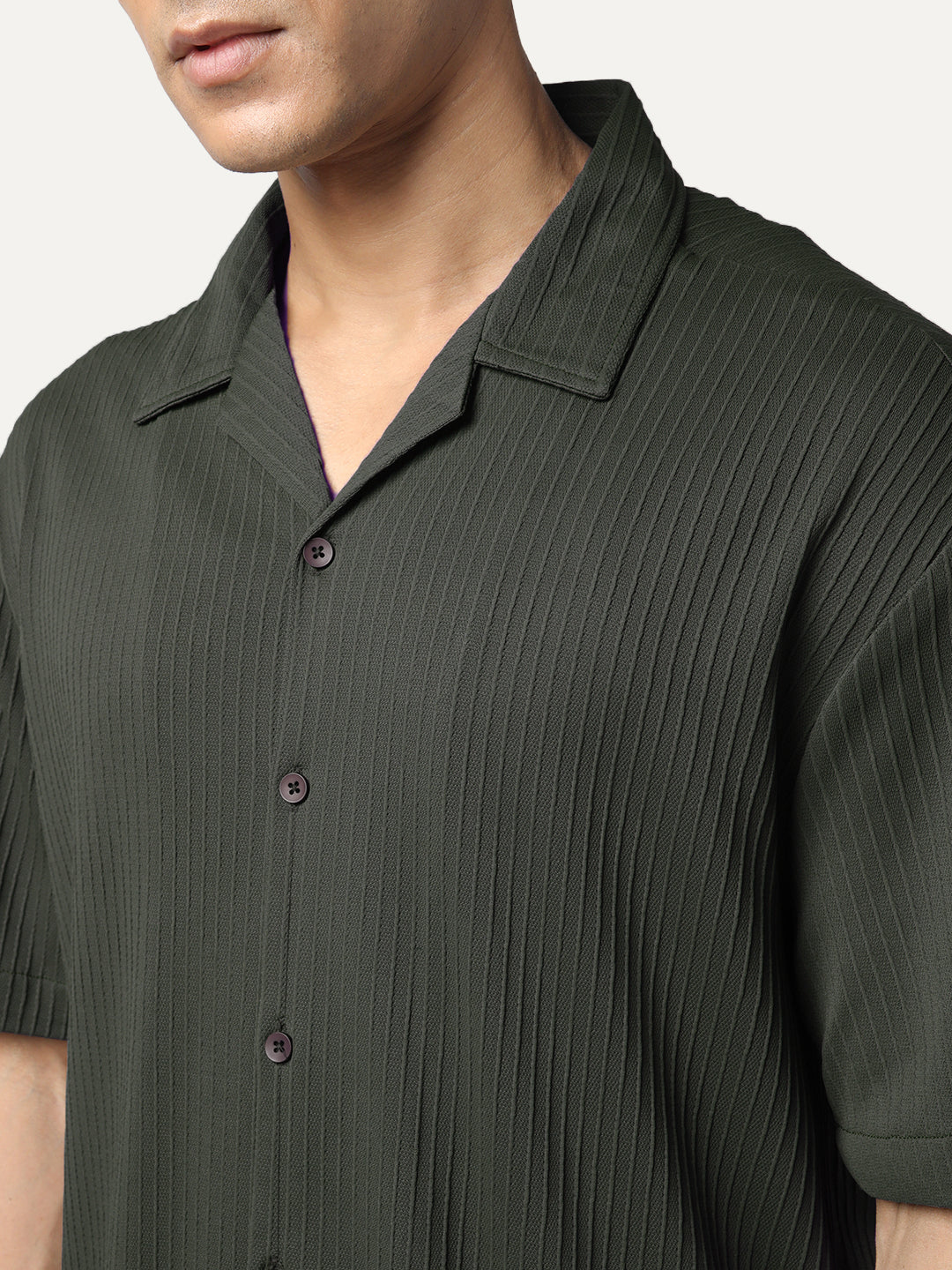 Men's Dark Grey Cotton Half Sleeve Oversized Fit Textured Shirt with Cuban Collar - Image 5