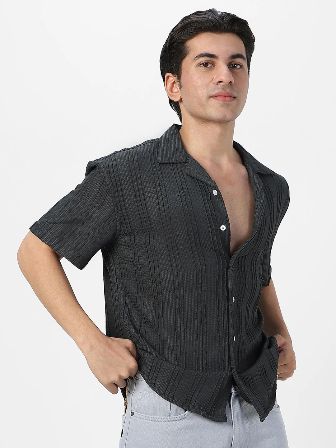 Men's Dark Grey Cotton Half Sleeve Oversized Fit Textured Shirt with Cuban Collar - Image 3