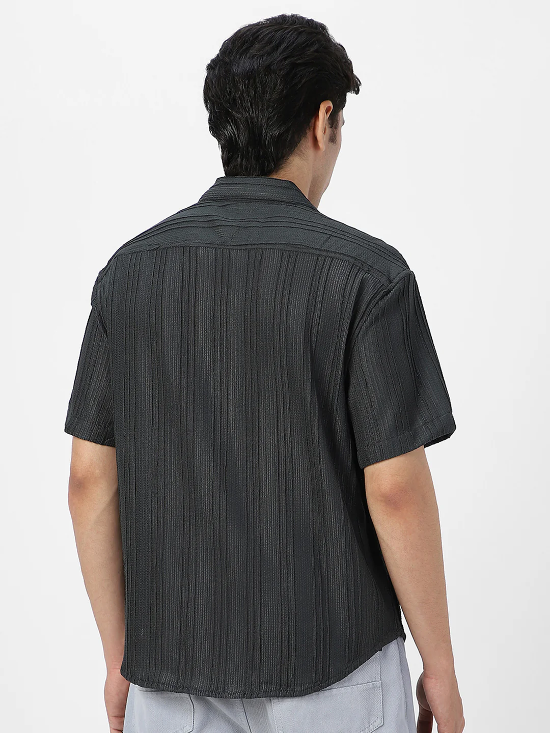 Men's Dark Grey Cotton Half Sleeve Oversized Fit Textured Shirt with Cuban Collar - Image 4