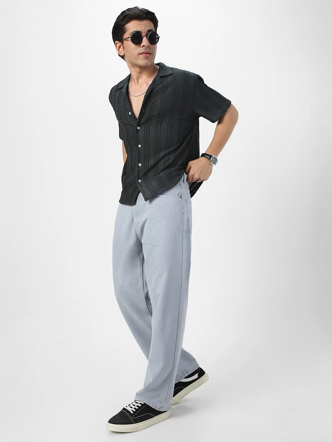 Men's Dark Grey Cotton Half Sleeve Oversized Fit Textured Shirt with Cuban Collar - Image 5