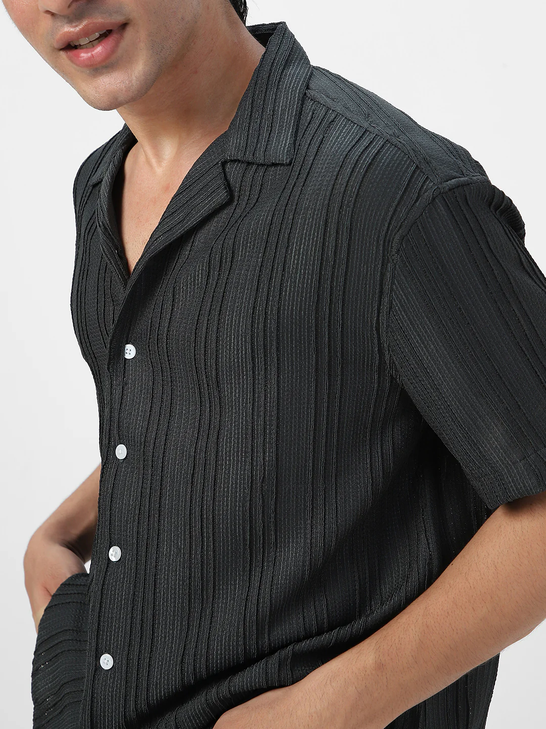 Men's Dark Grey Cotton Half Sleeve Oversized Fit Textured Shirt with Cuban Collar - Image 6