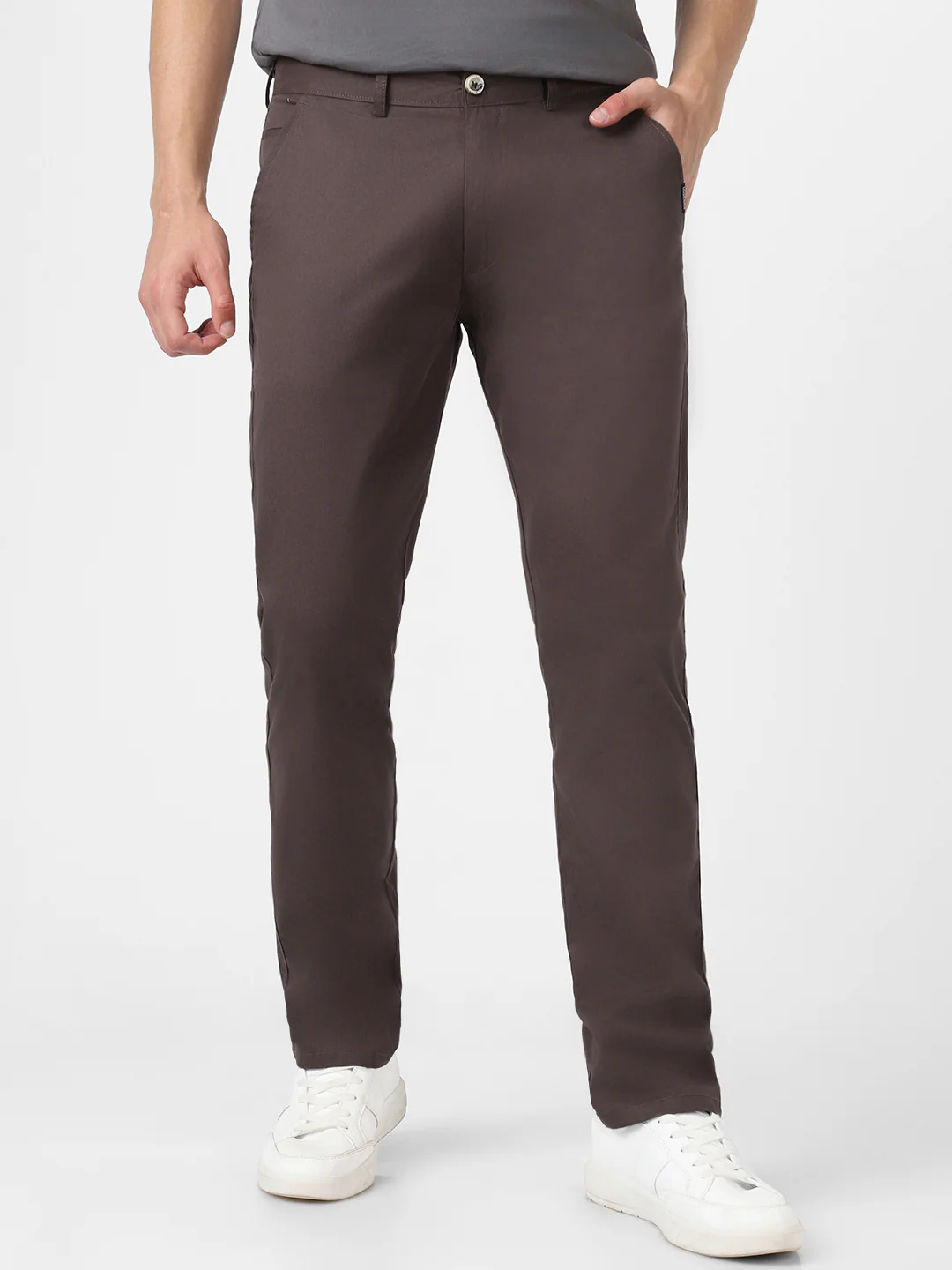 Men's Dark Grey Cotton Slim Fit Casual Chinos Trousers - Image 2