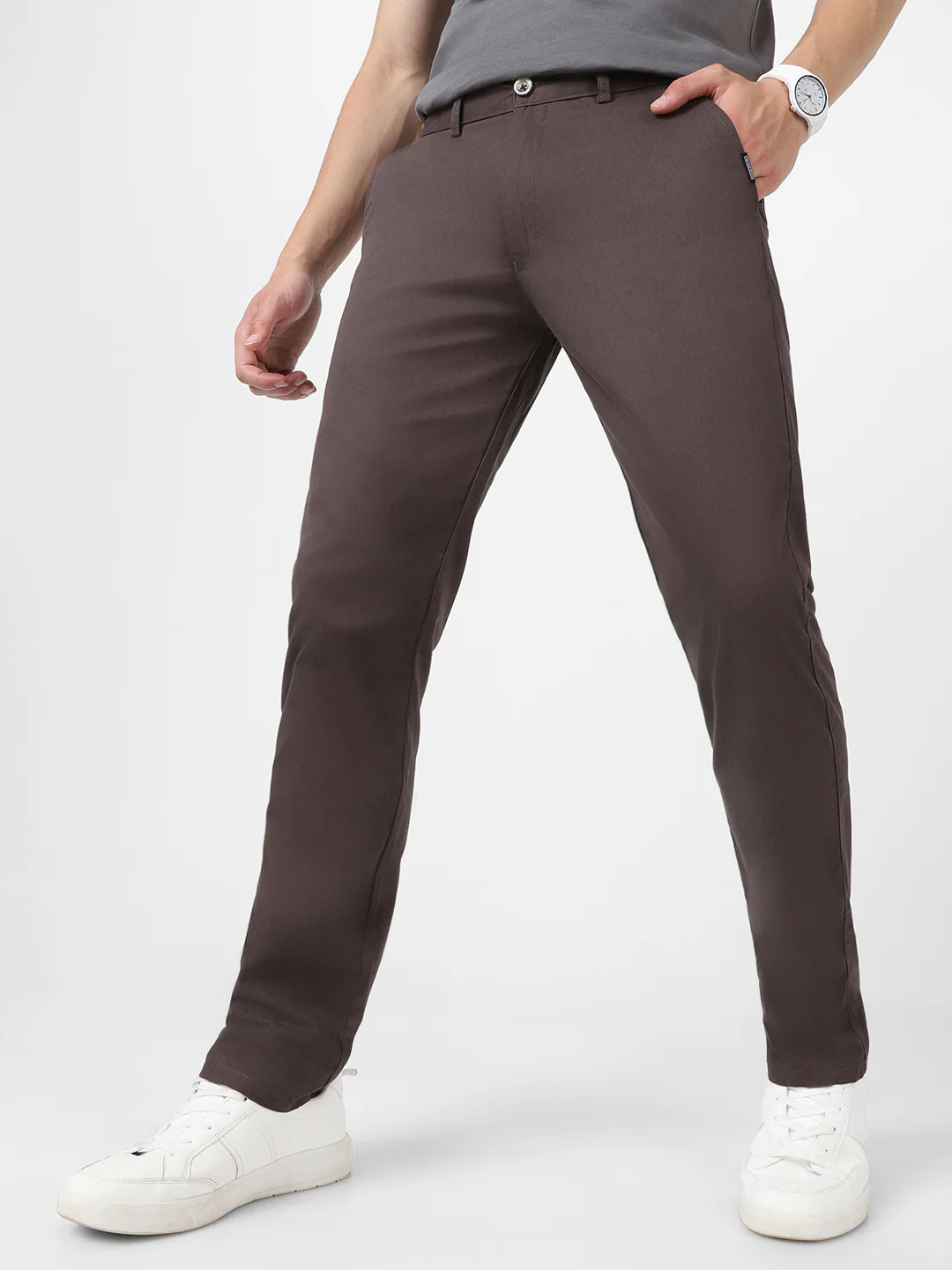 Men's Dark Grey Cotton Slim Fit Casual Chinos Trousers - Image 3