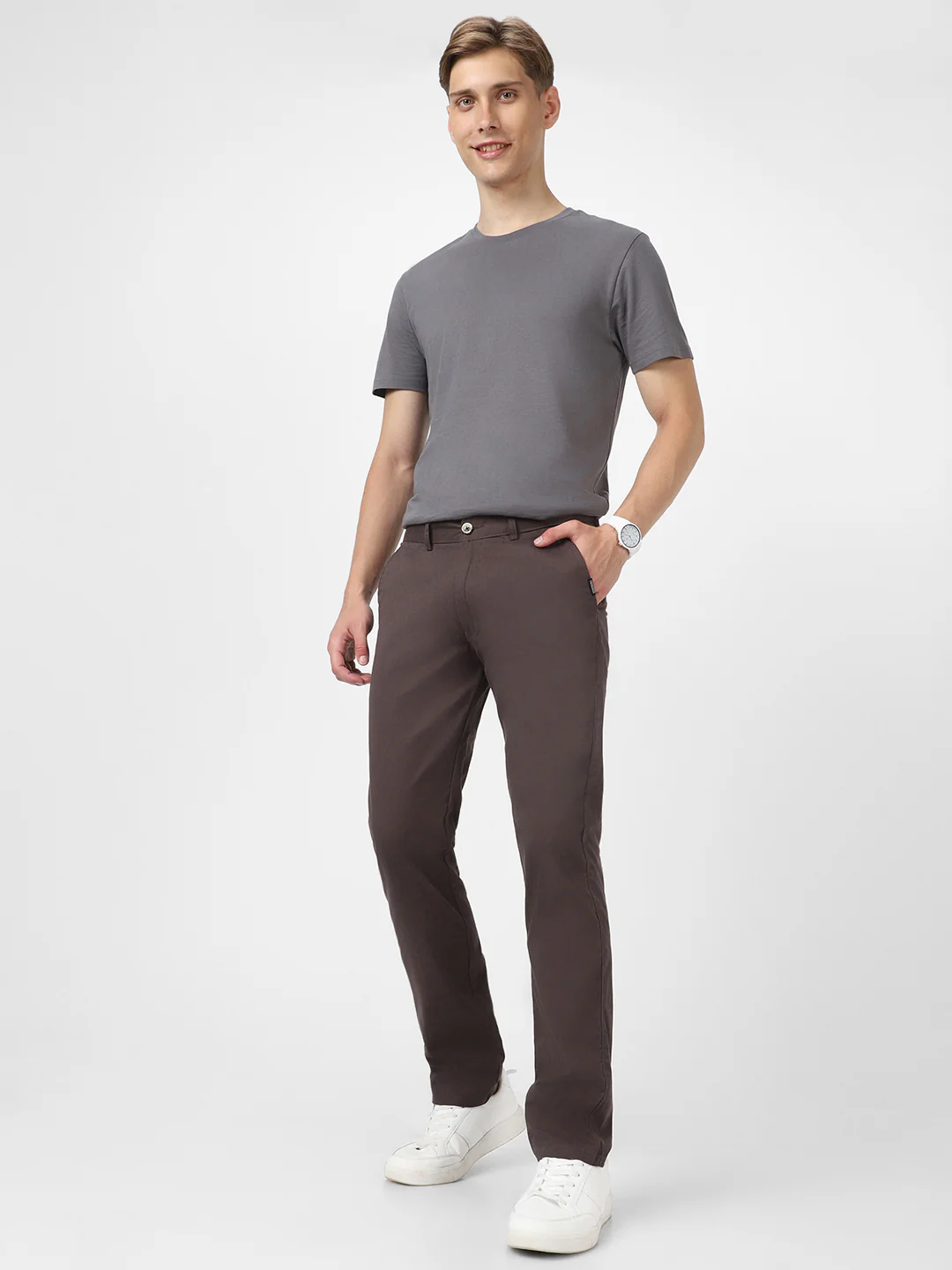 Men's Dark Grey Cotton Slim Fit Casual Chinos Trousers - Image 6