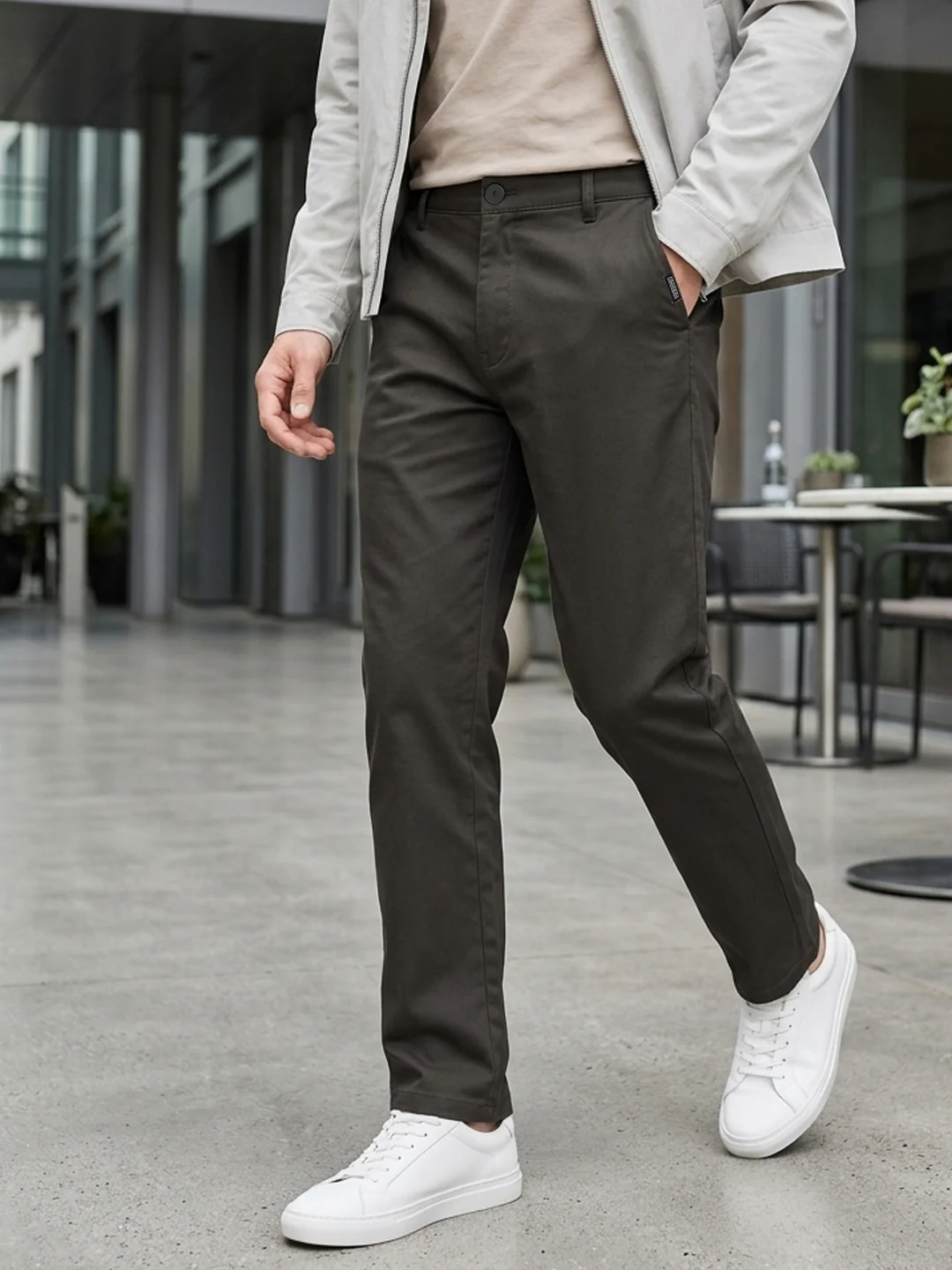 Men's Dark Grey Cotton Regular Fit Casual Chinos Trousers Stretch