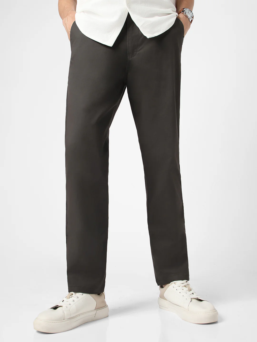 Men's Dark Grey Cotton Regular Fit Casual Chinos Trousers Stretch - Image 2