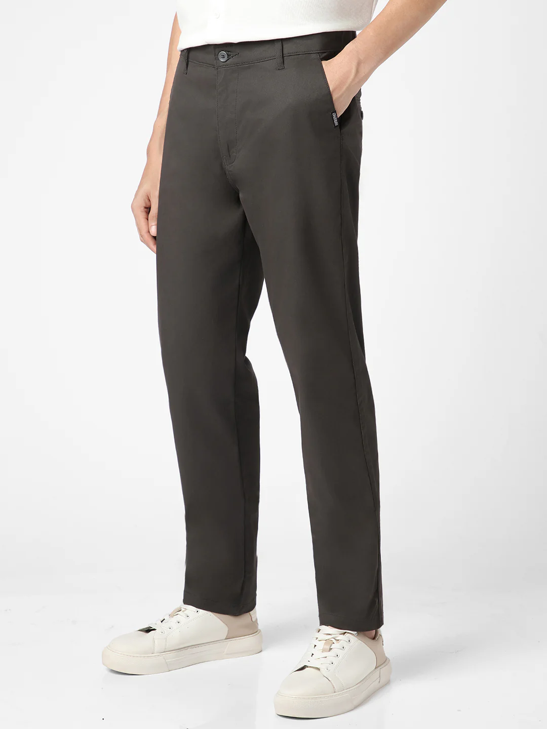 Men's Dark Grey Cotton Regular Fit Casual Chinos Trousers Stretch - Image 3