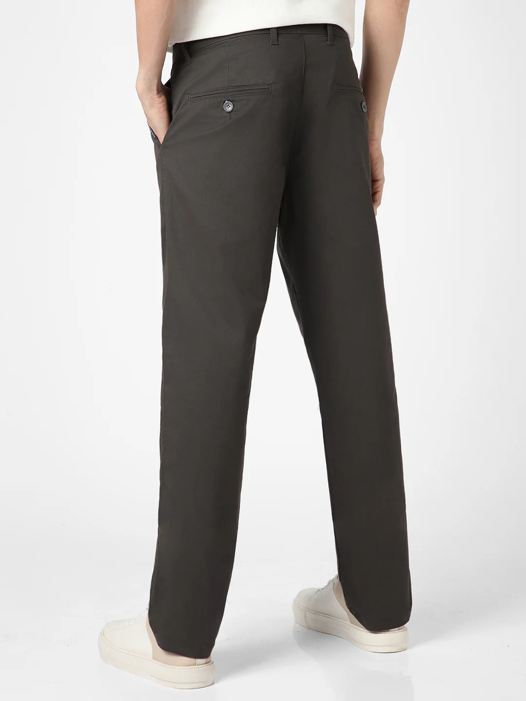 Men's Dark Grey Cotton Regular Fit Casual Chinos Trousers Stretch - Image 4