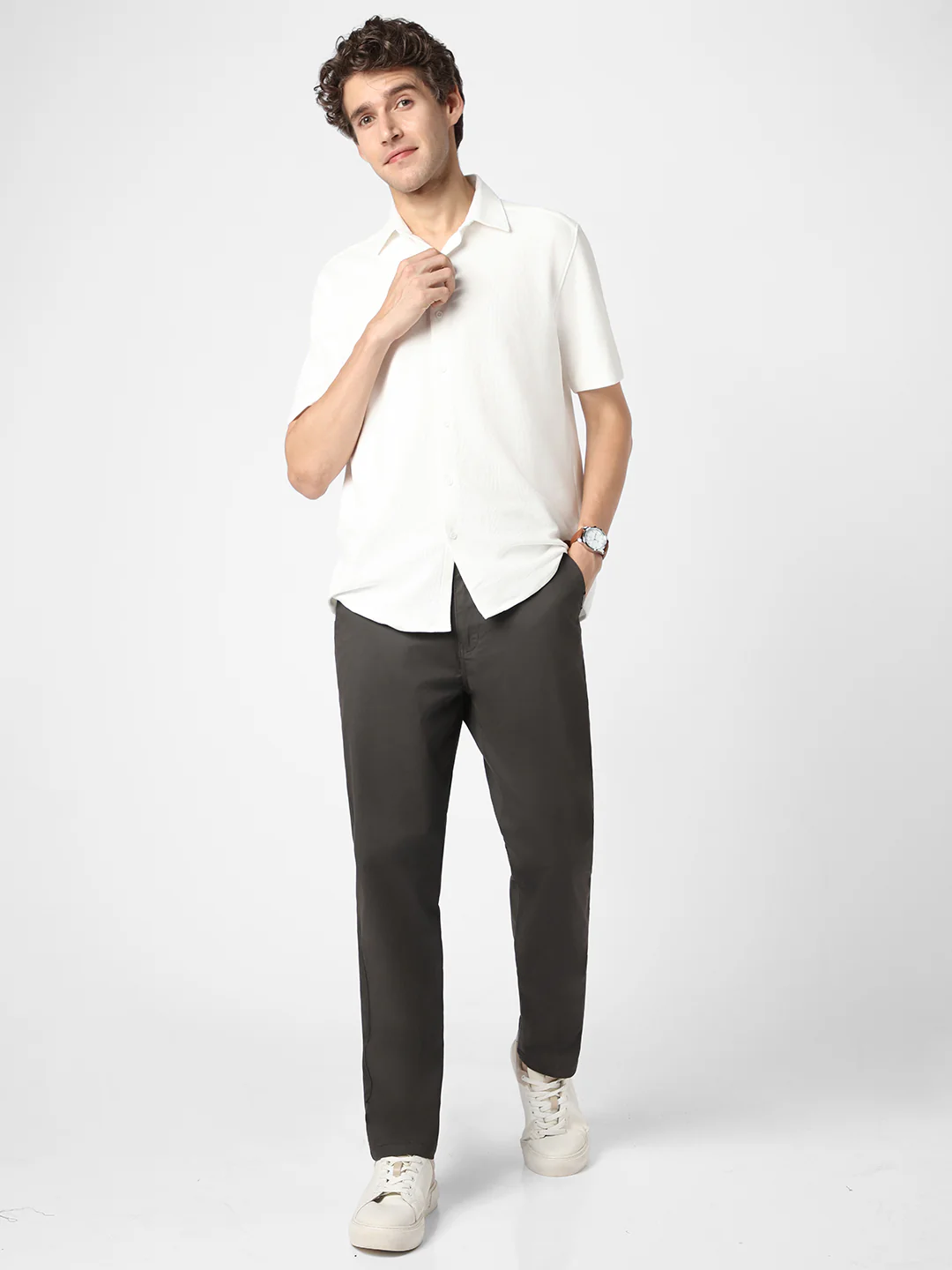 Men's Dark Grey Cotton Regular Fit Casual Chinos Trousers Stretch - Image 5