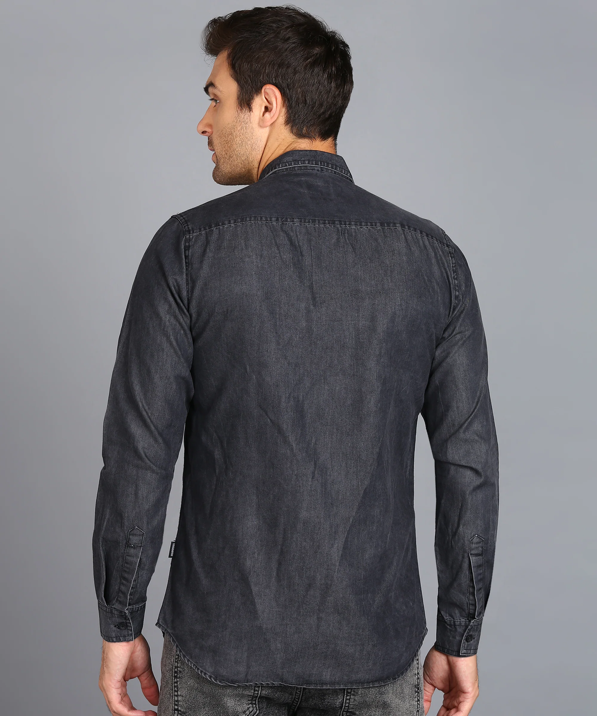 Men's Dark Grey Denim Full Sleeve Slim Fit Washed Casual Shirt - Image 3