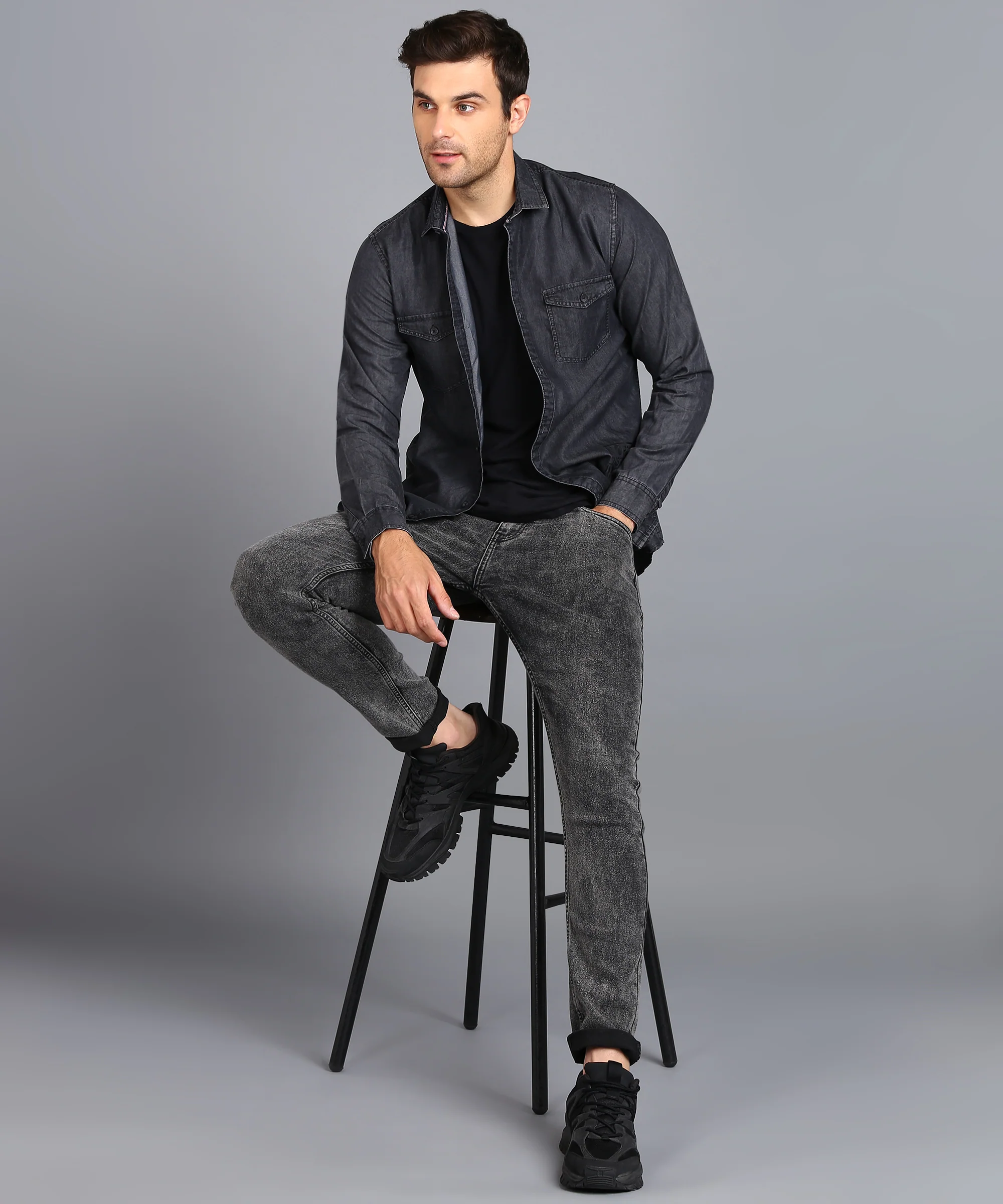 Men's Dark Grey Denim Full Sleeve Slim Fit Washed Casual Shirt - Image 4