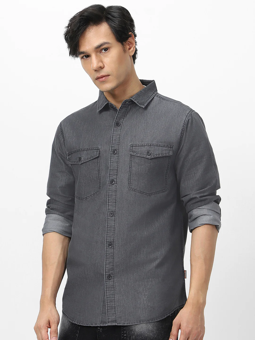 Men's Dark Grey Full Sleeve Regular Fit Casual Denim Shirt - Image 3