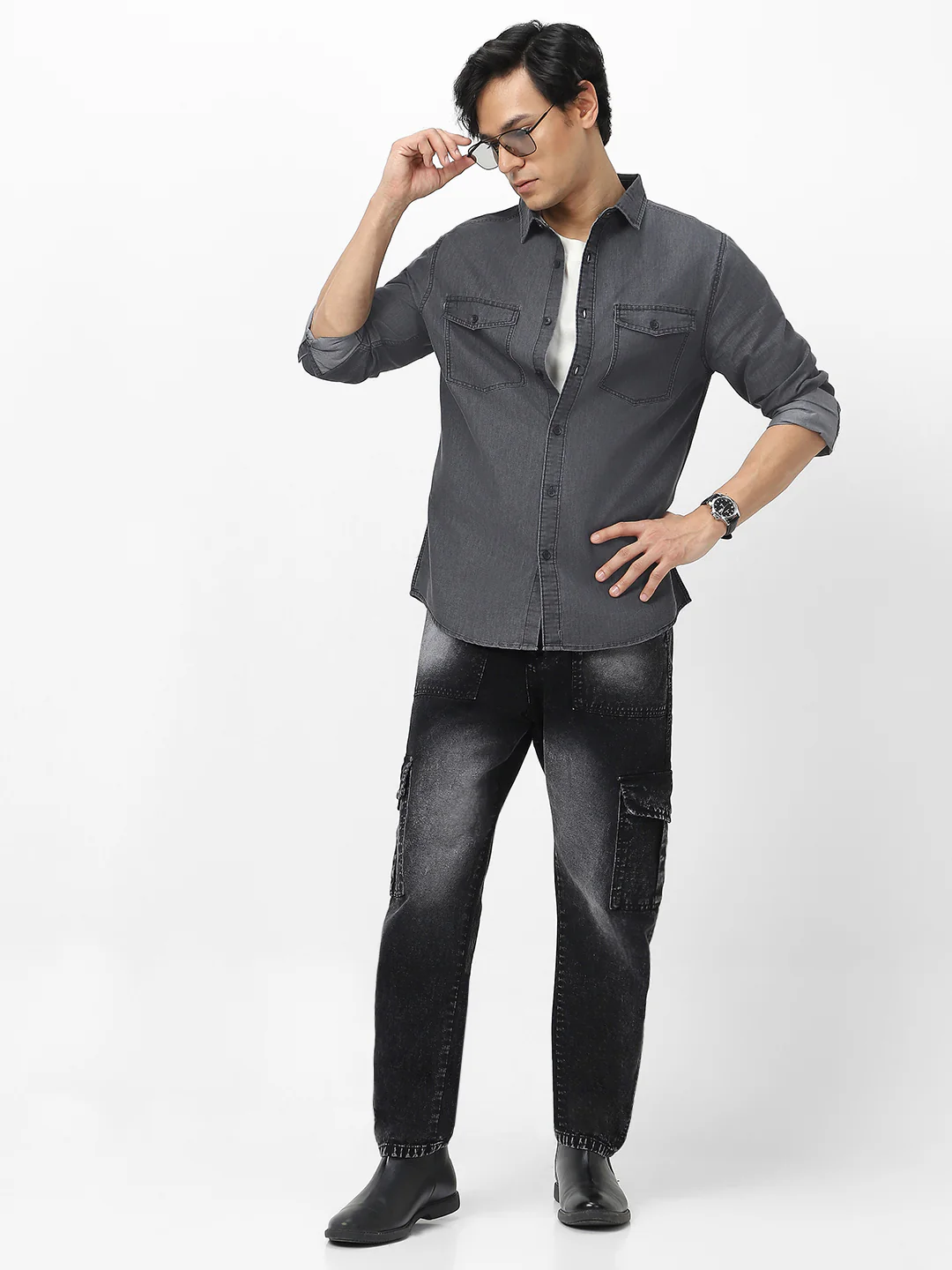 Men's Dark Grey Full Sleeve Regular Fit Casual Denim Shirt - Image 5