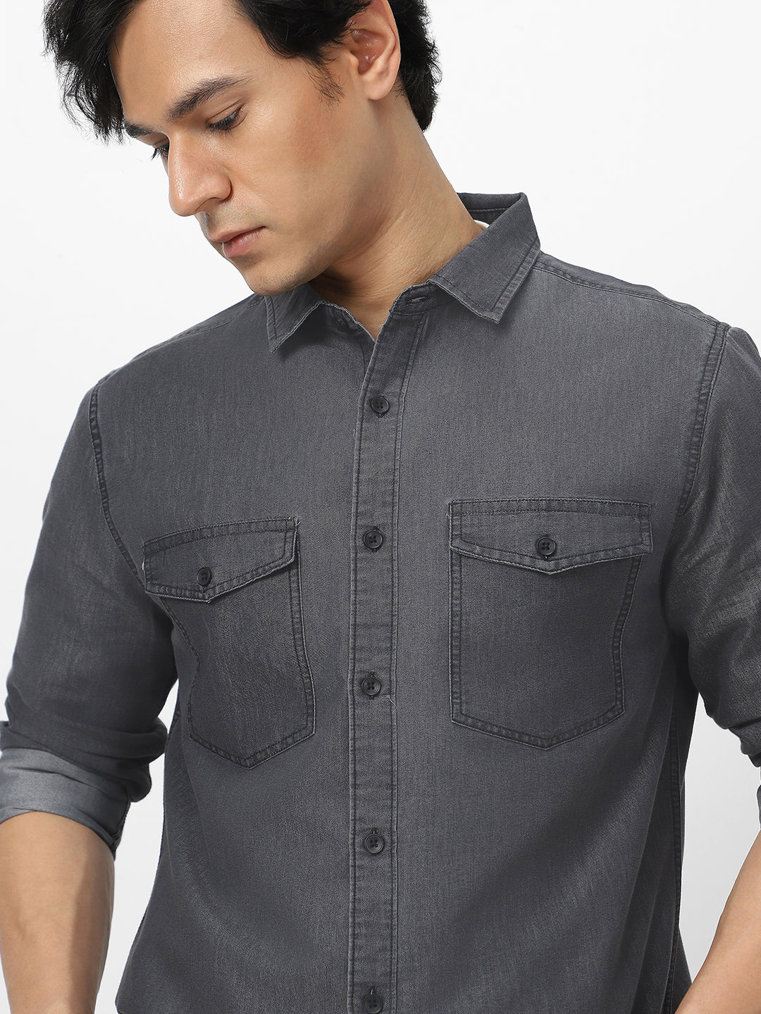 Men's Dark Grey Full Sleeve Regular Fit Casual Denim Shirt - Image 6