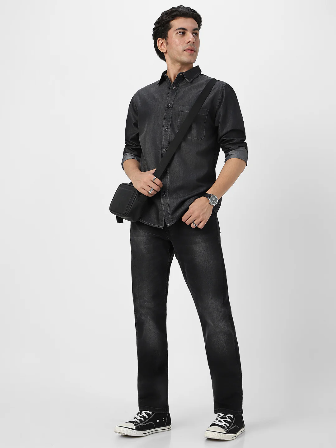 Men's Dark Grey Full Sleeve Regular Fit Casual Denim Shirt - Image 4
