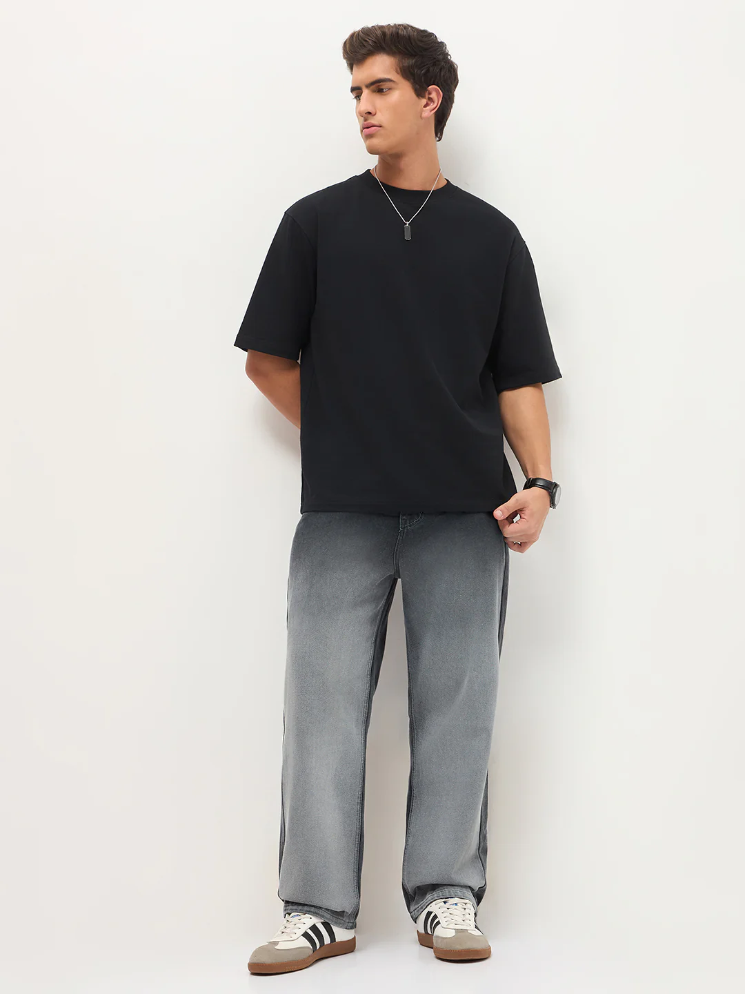 Men's Dark Grey Loose Baggy Fit Heavy Washed Faded Denim Jeans Non-Stretchable - Image 4