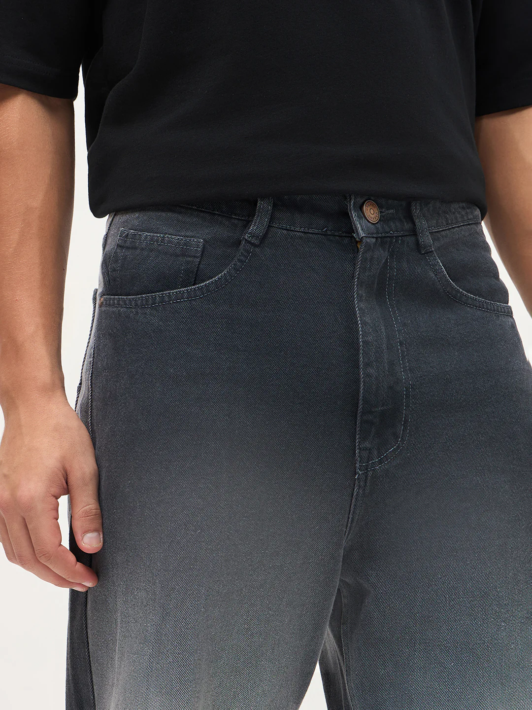 Men's Dark Grey Loose Baggy Fit Heavy Washed Faded Denim Jeans Non-Stretchable - Image 5