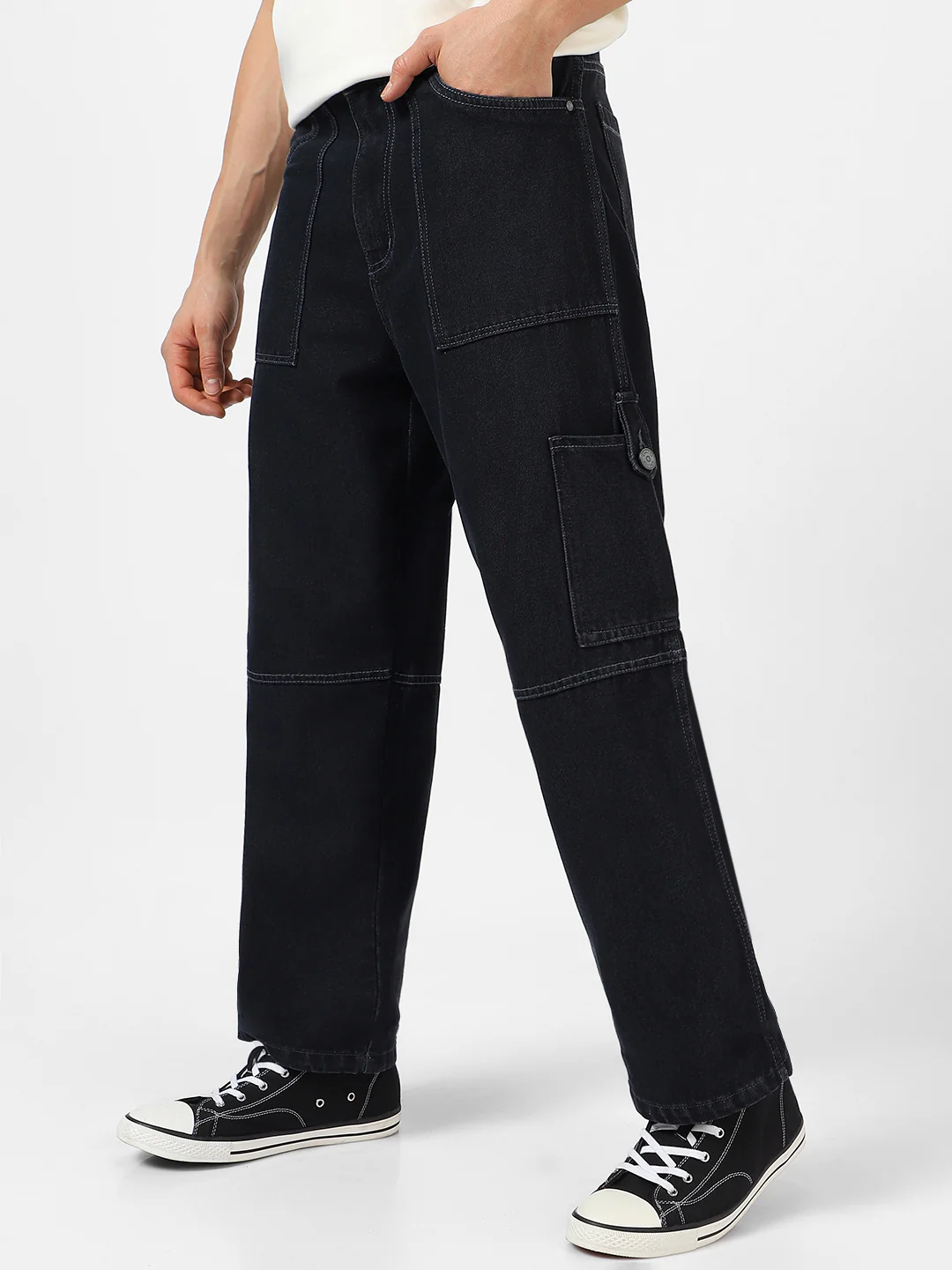 Men's Dark Grey Loose Baggy Fit Washed Cargo Jeans with 6 Pockets Non-Stretchable - Image 2
