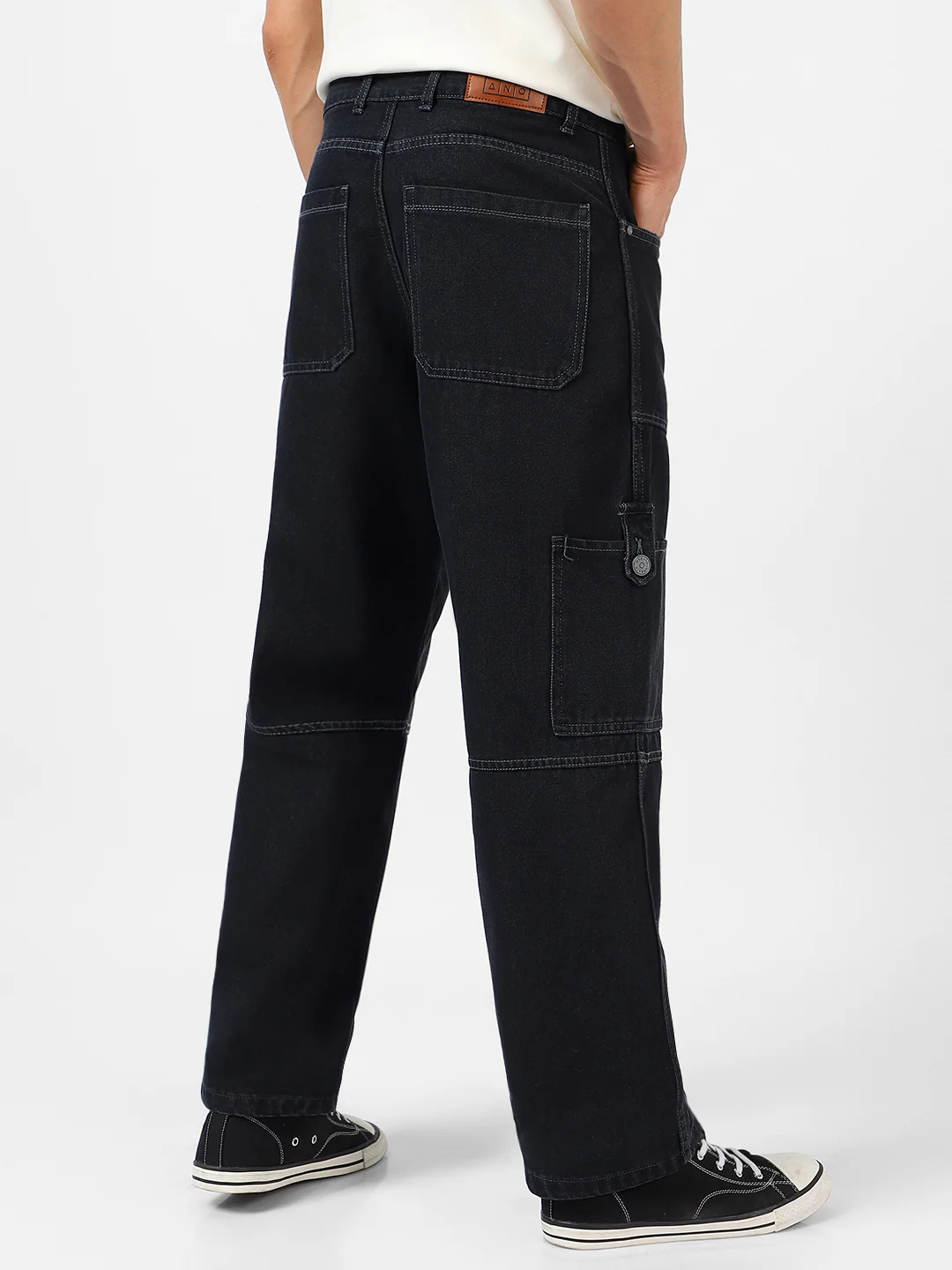 Men's Dark Grey Loose Baggy Fit Washed Cargo Jeans with 6 Pockets Non-Stretchable - Image 3