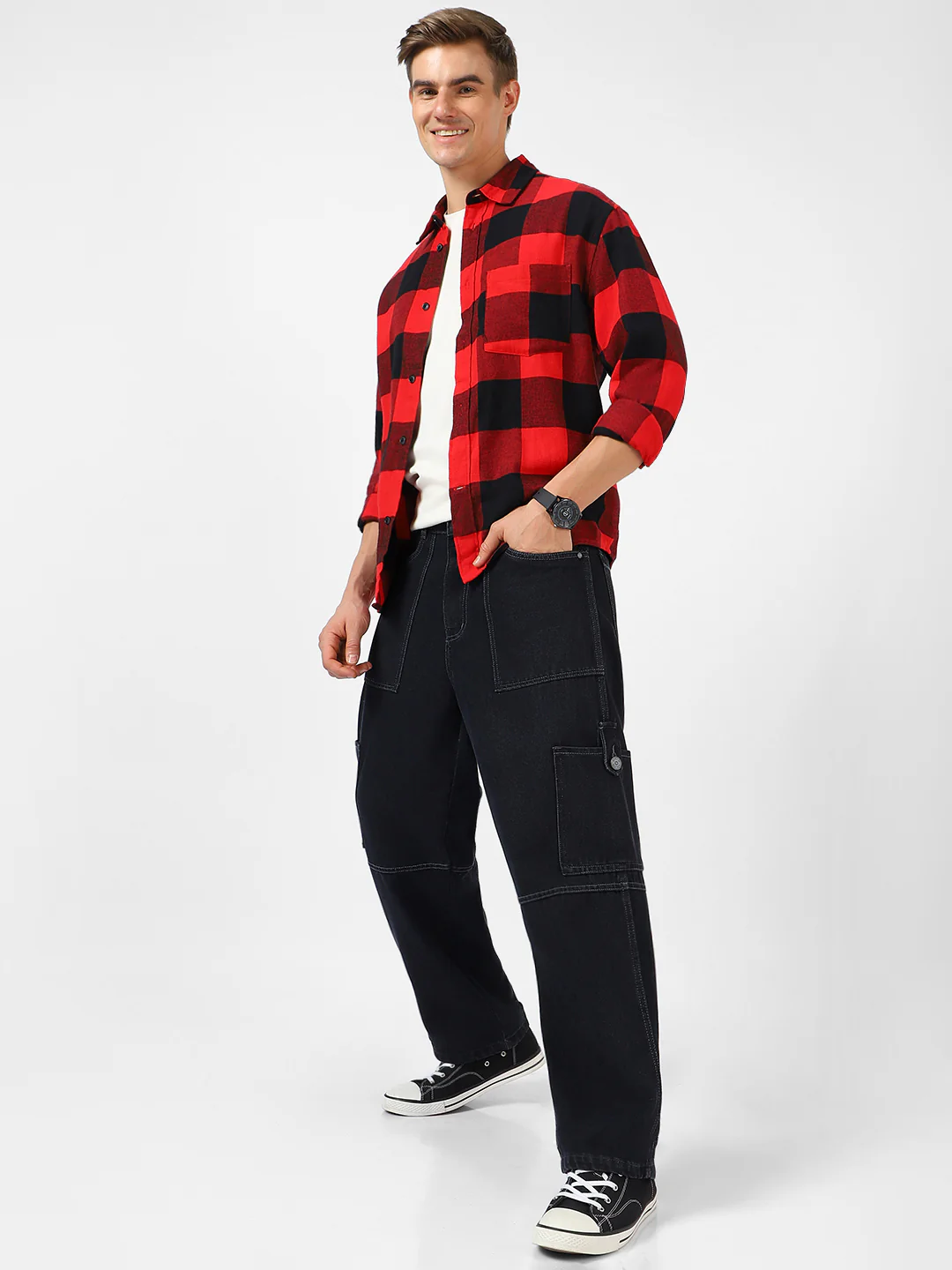 Men's Dark Grey Loose Baggy Fit Washed Cargo Jeans with 6 Pockets Non-Stretchable - Image 4