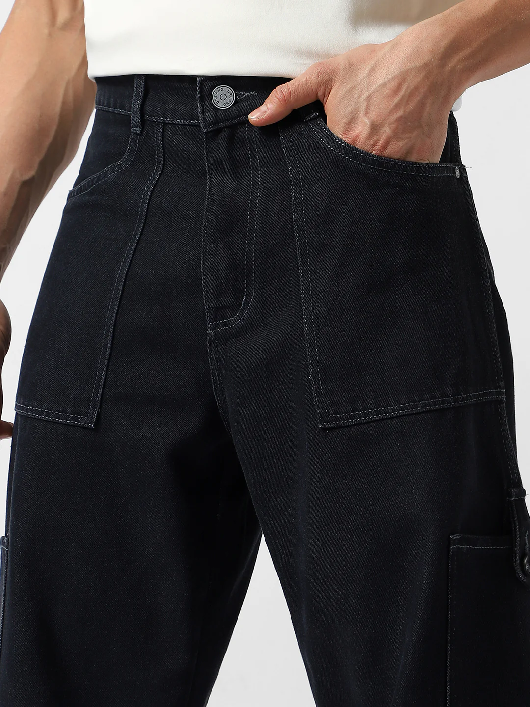 Men's Dark Grey Loose Baggy Fit Washed Cargo Jeans with 6 Pockets Non-Stretchable - Image 5