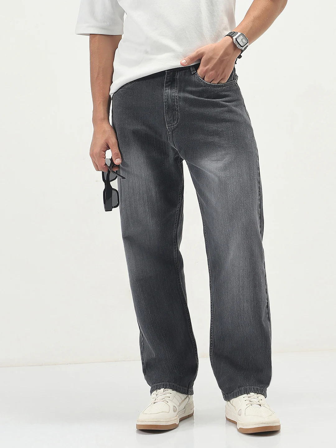 Men's Dark Grey Loose Baggy Fit Washed Denim Jeans Non-Stretchable