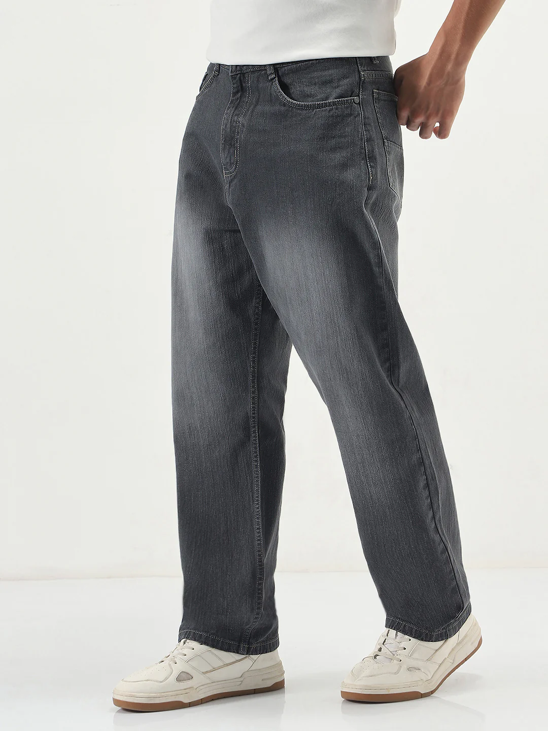 Men's Dark Grey Loose Baggy Fit Washed Denim Jeans Non-Stretchable - Image 2