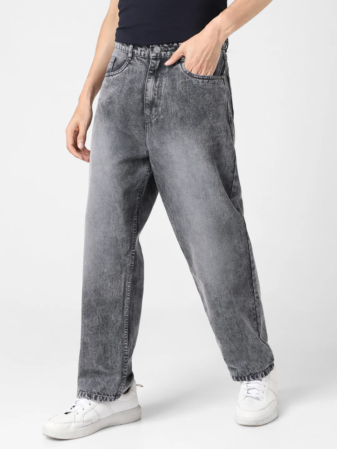 Men's Dark Grey Loose Baggy Fit Washed Jeans Non-Stretchable - Image 2
