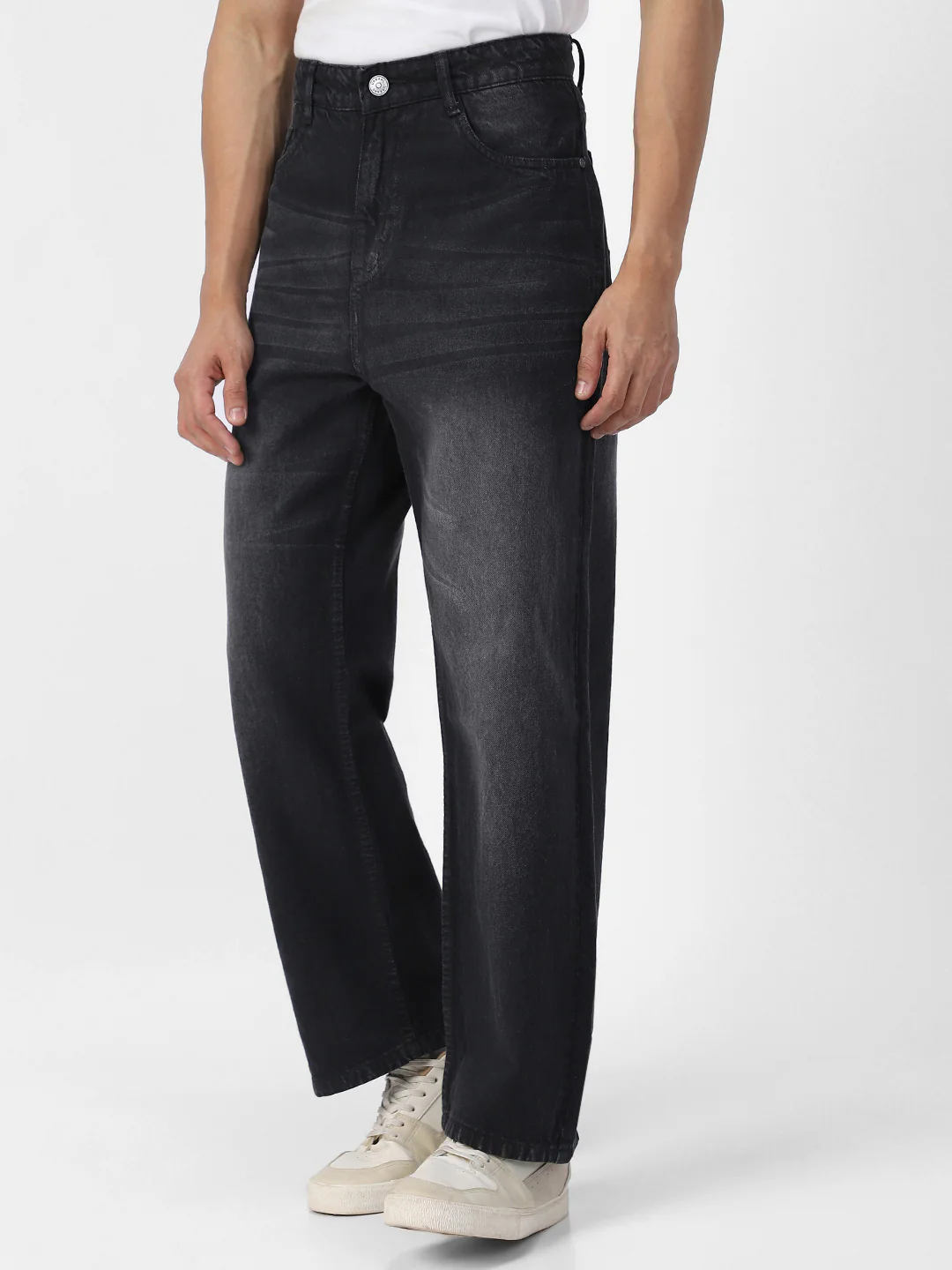 Men's Dark Grey Loose Baggy Fit Washed Jeans Non-Stretchable - Image 3