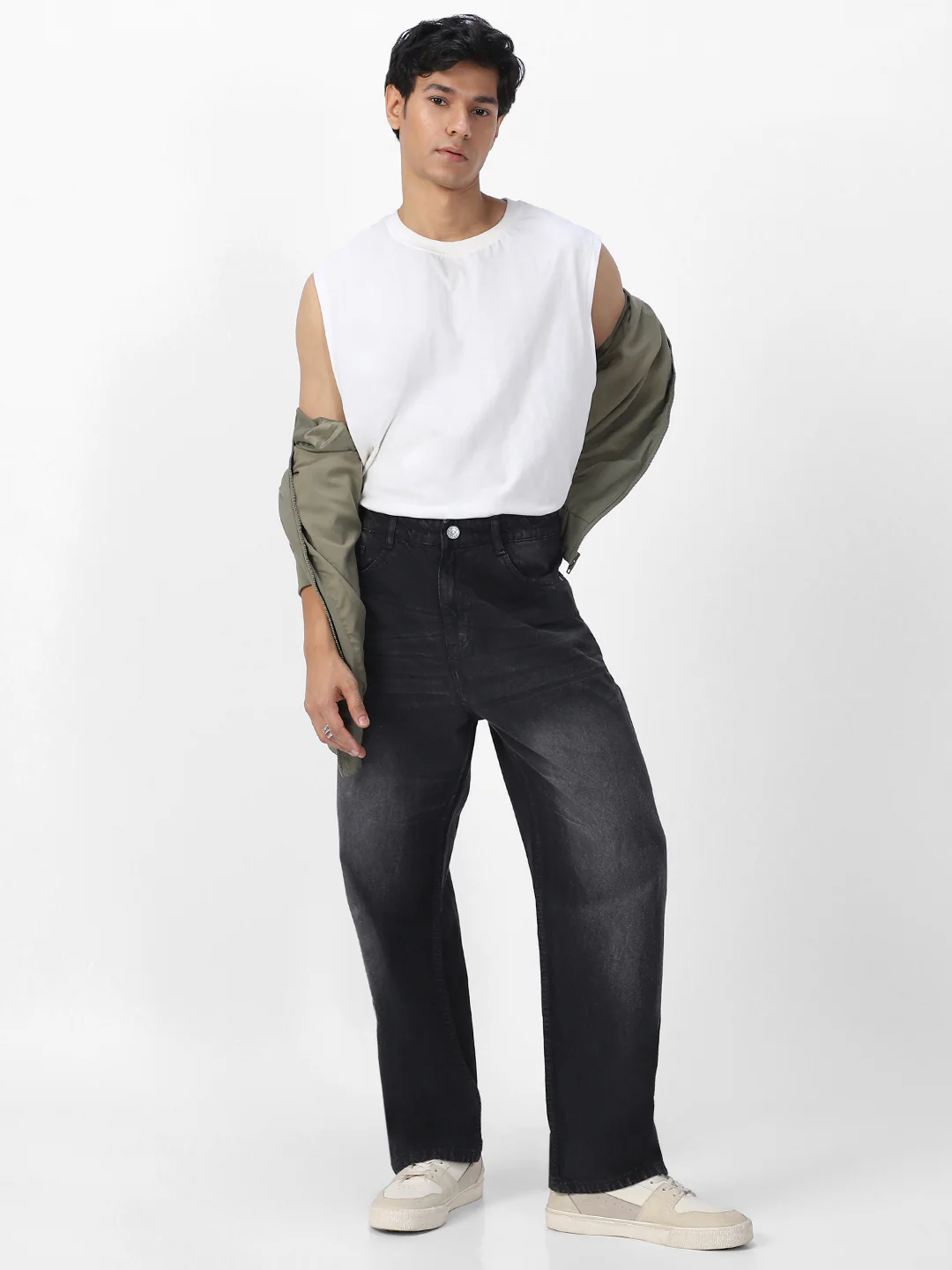 Men's Dark Grey Loose Baggy Fit Washed Jeans Non-Stretchable - Image 5