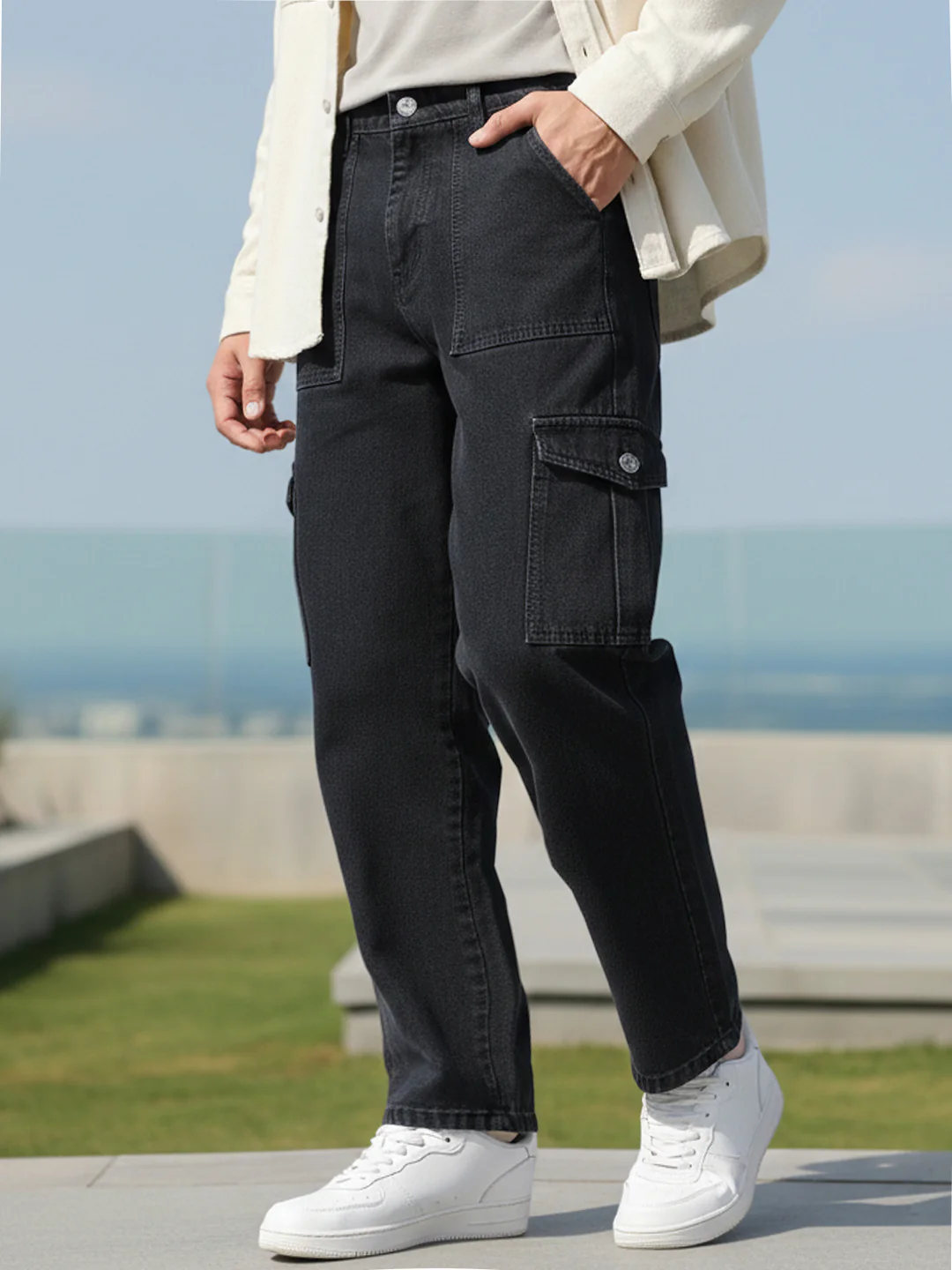 Men's Dark Grey Loose Fit Cargo Jeans with 6 Pockets Non-Stretchable