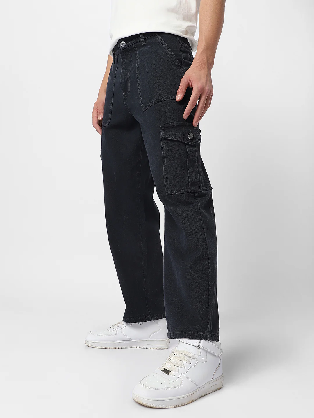 Men's Dark Grey Loose Fit Cargo Jeans with 6 Pockets Non-Stretchable - Image 2