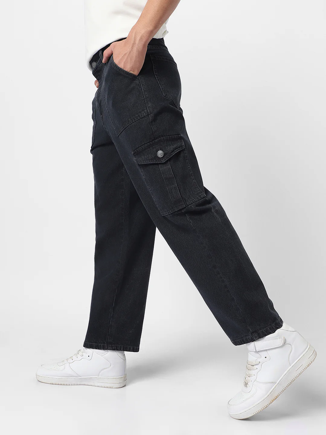 Men's Dark Grey Loose Fit Cargo Jeans with 6 Pockets Non-Stretchable - Image 3