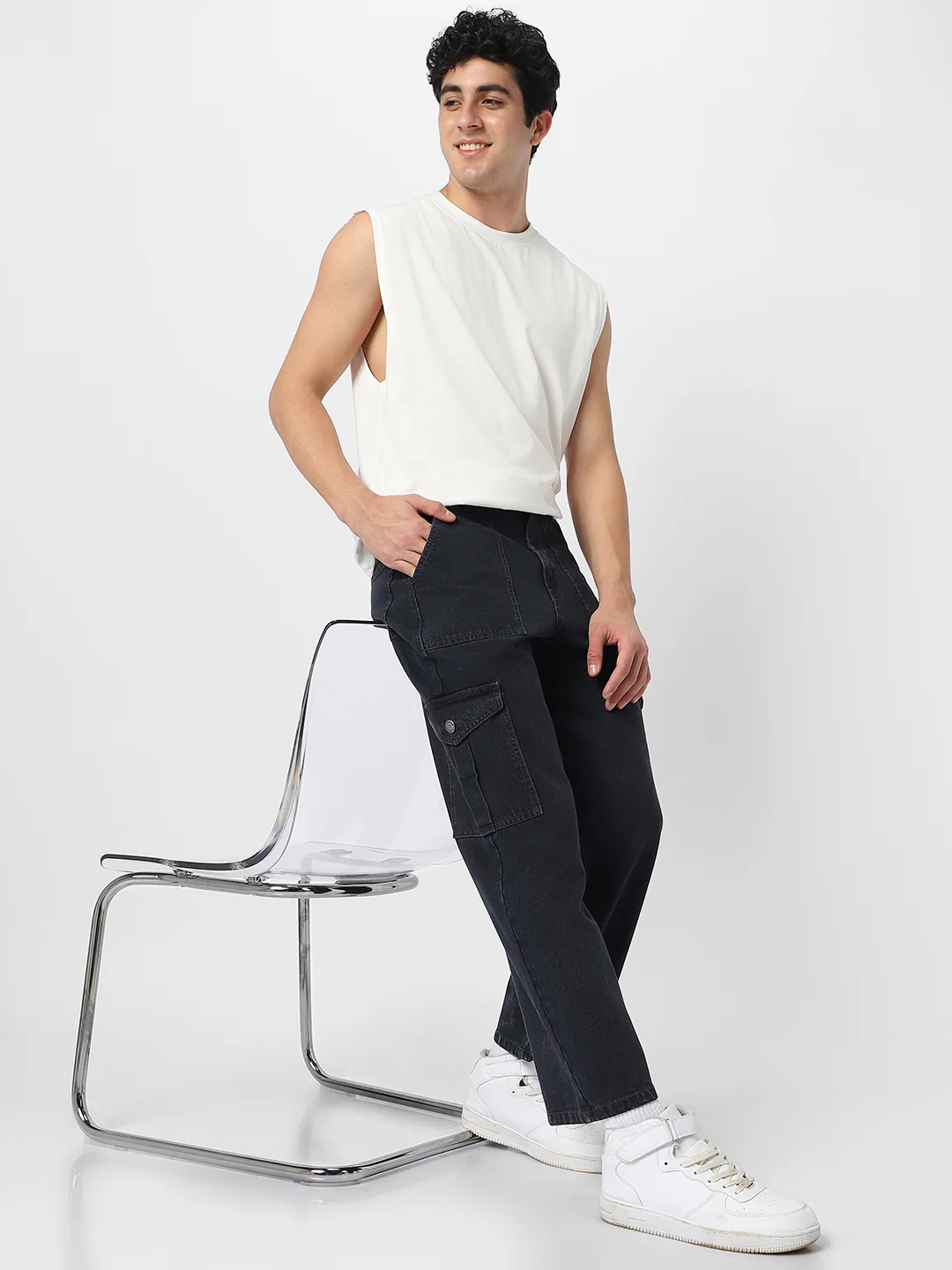 Men's Dark Grey Loose Fit Cargo Jeans with 6 Pockets Non-Stretchable - Image 5