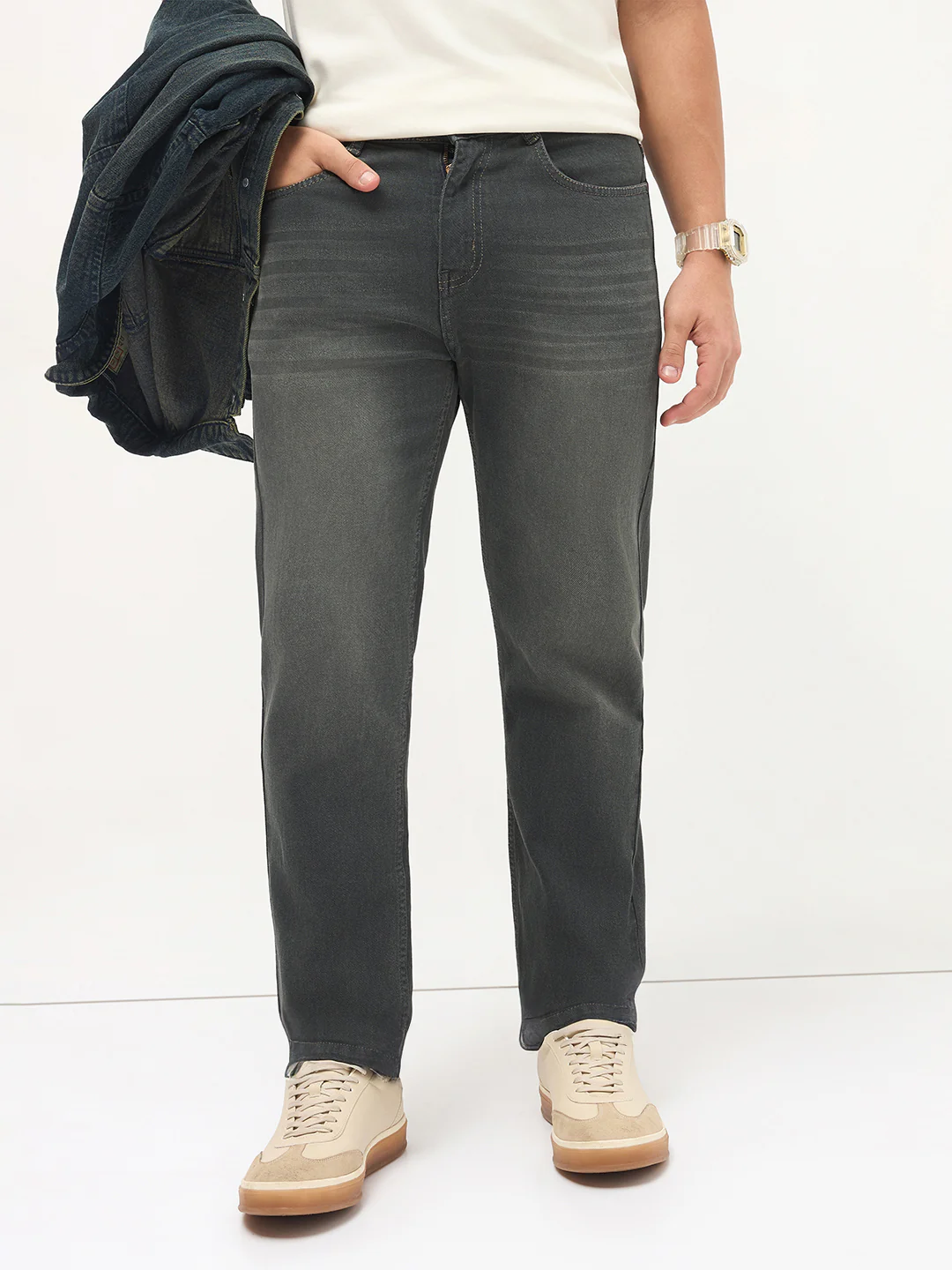 Men's Dark Grey Regular Fit Whisker Wash Yellow Tint Denim Jeans Stretchable - Image 2