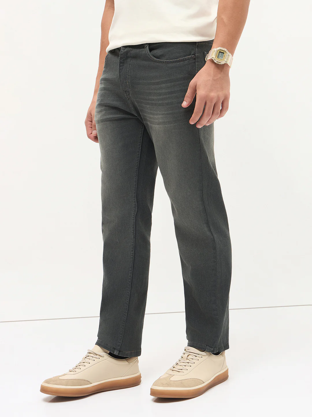 Men's Dark Grey Regular Fit Whisker Wash Yellow Tint Denim Jeans Stretchable - Image 3